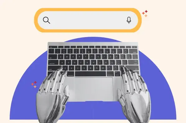 A empty search bar above robot hands typing on a laptop.
