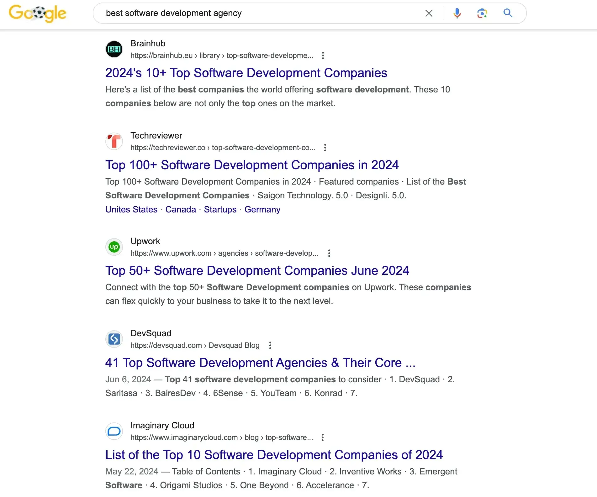 Google search results for 'best software development agency' showing top-ranking pages from Brainhub, TechReviewer, Upwork, and other agencies