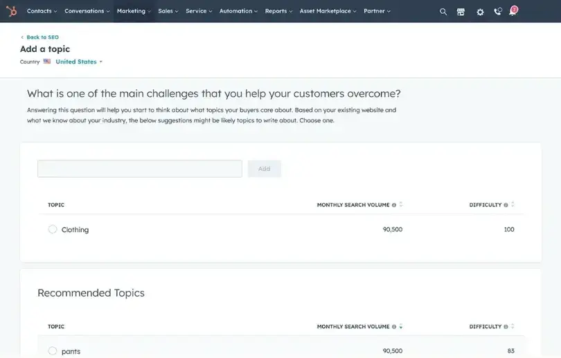 hubspot's seo marketing software interface