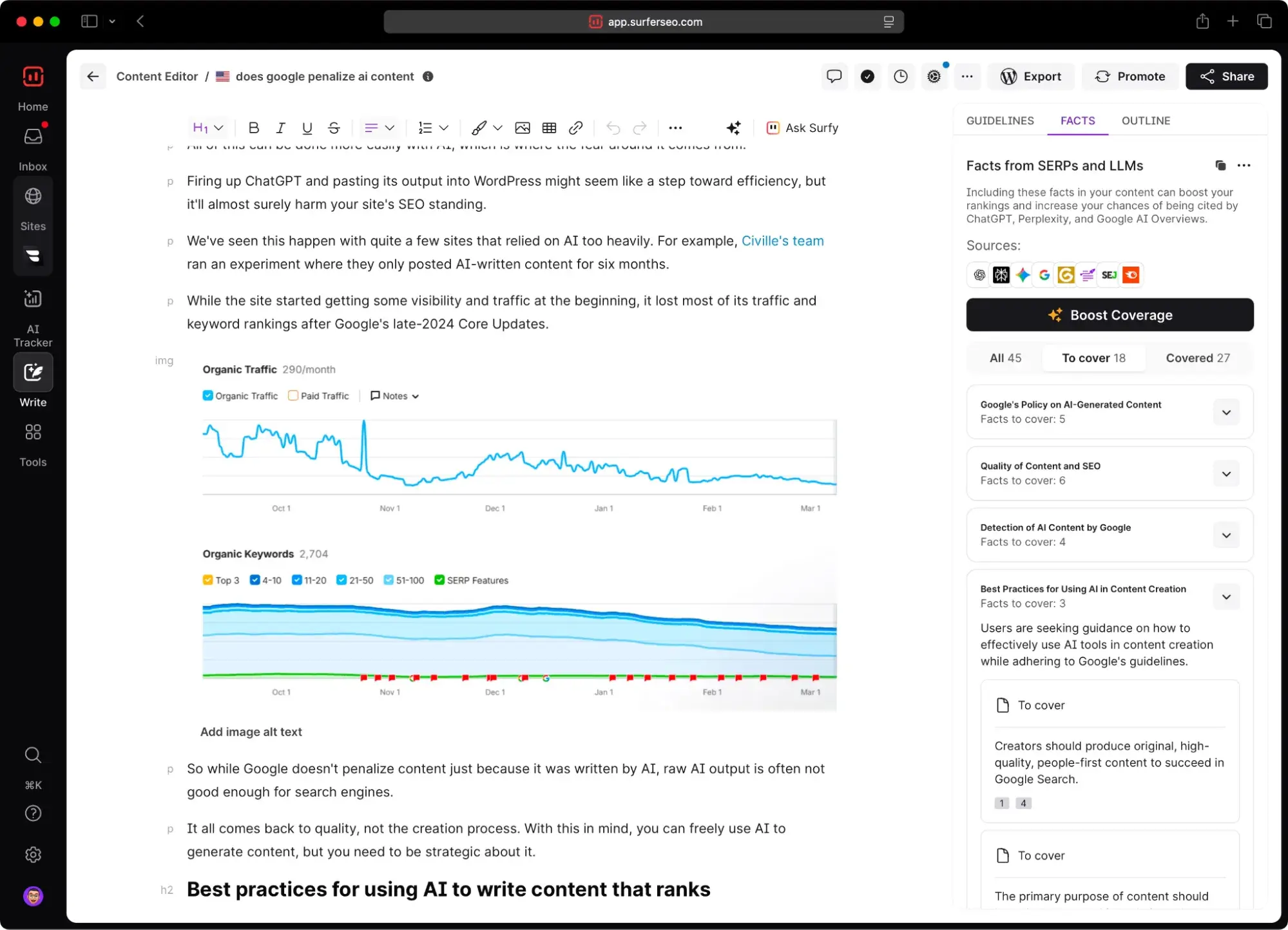 screenshot from surferseo showing one of the best seo tools for small businesses who are creating content. screenshot shows the editor with the aeo and seo recommendations.