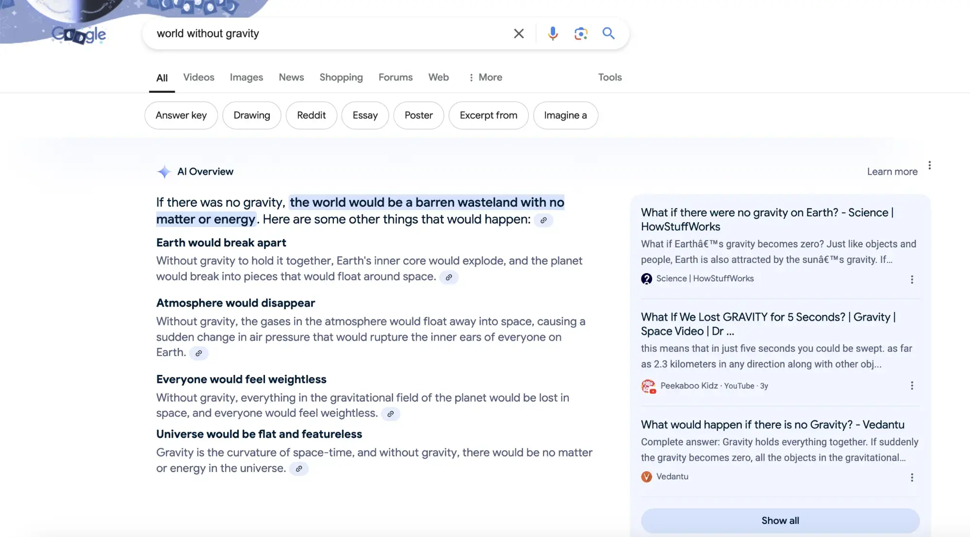 Screencap of Google results page, including an AI Overview, for the query world without gravity.