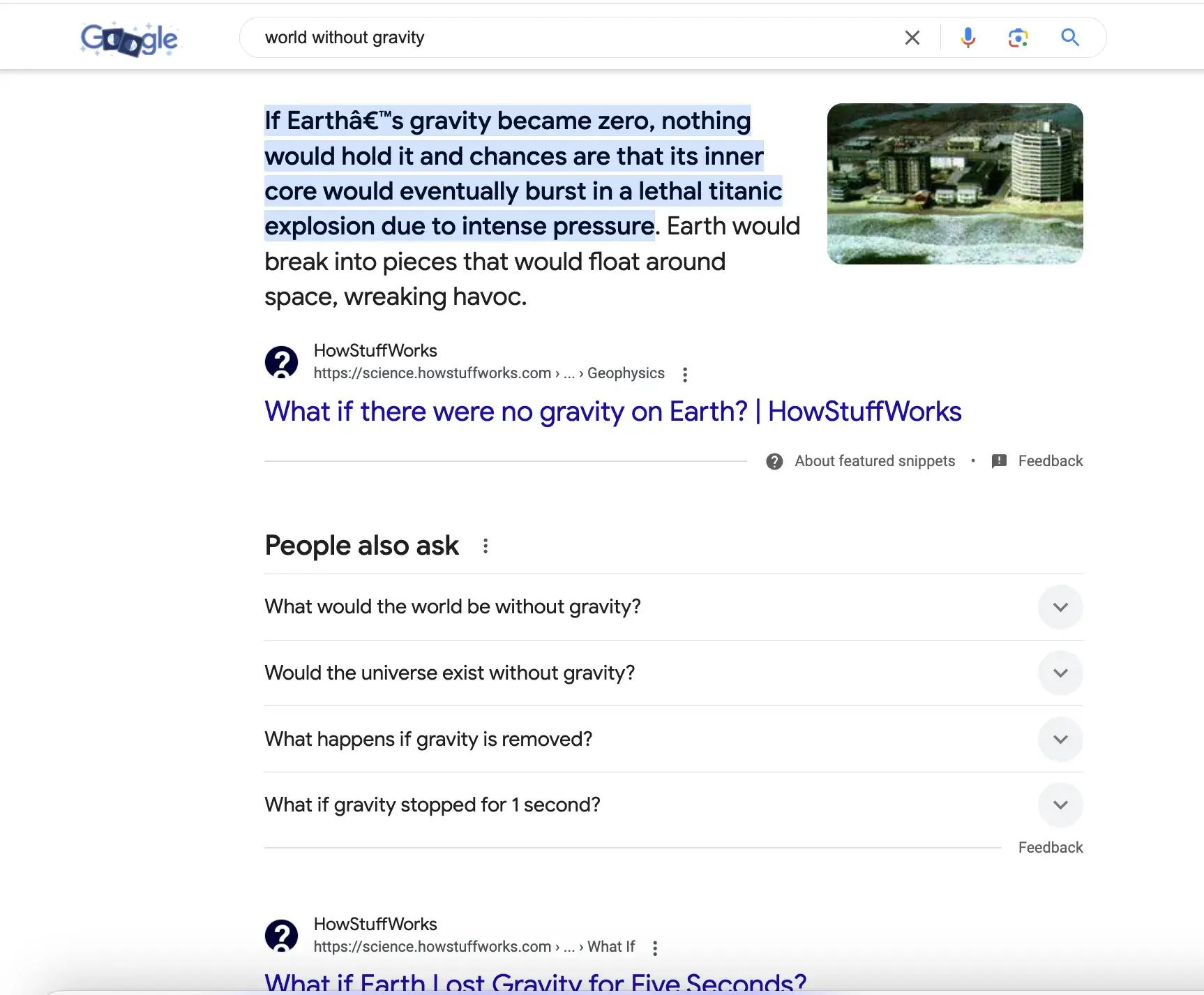 Screencap of Google results page for the query world without gravity.