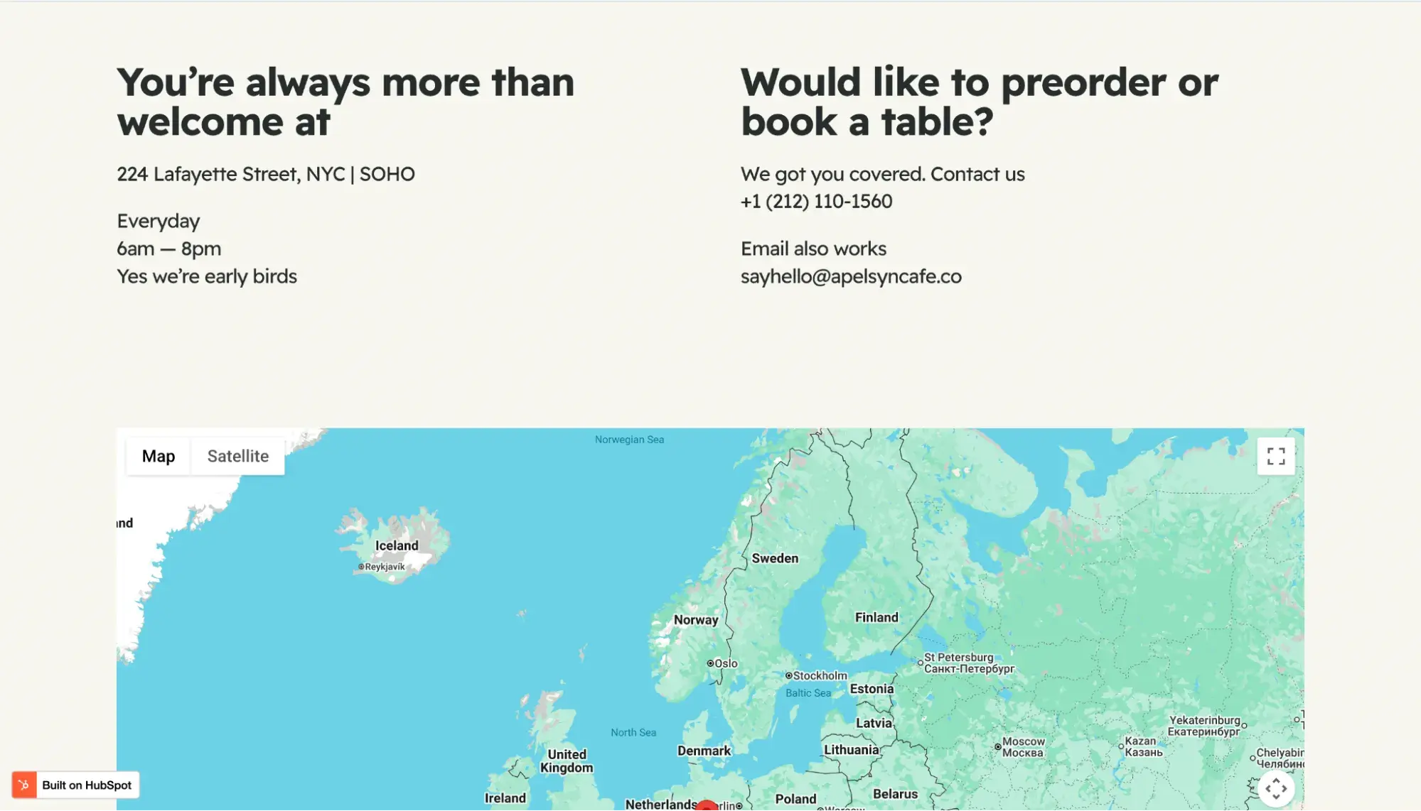 apelsyn restaurant contact section with address, hours, preorder options, and embedded location map on beige background