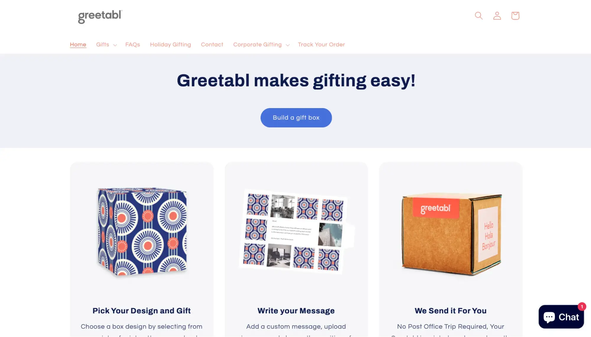 simple website examples from greetabl homepage with greetabl makes gifting easy headline and three-step product showcase cards