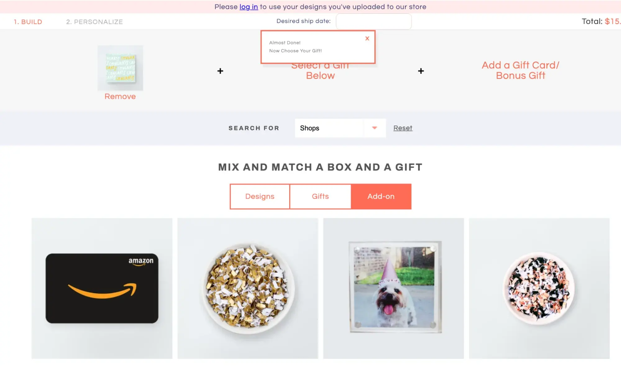 greetabl interactive gift builder interface with step-by-step design selection, gift card customization, and coral accent colors