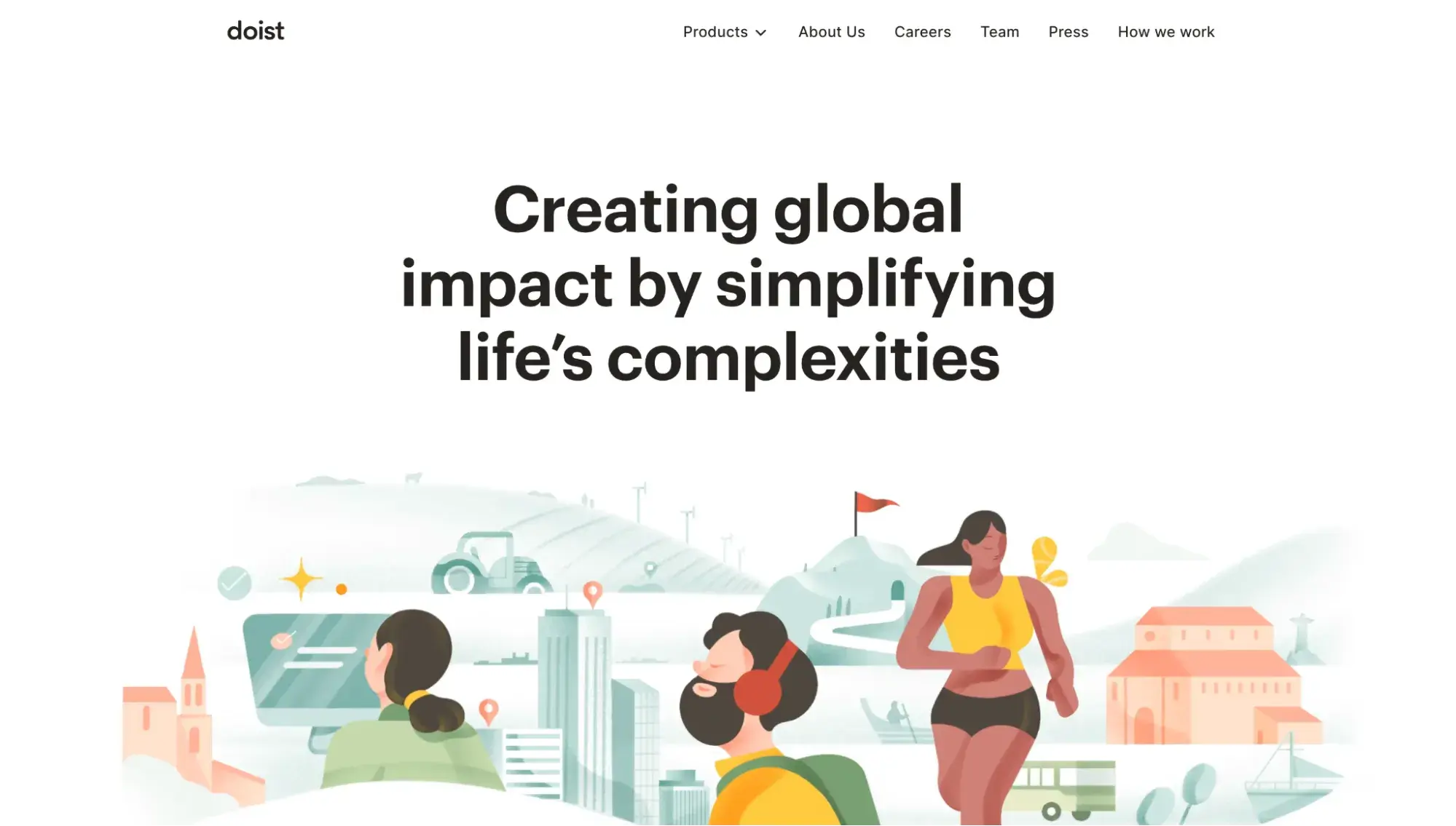 simple website examples from doist homepage with bold headline creating global impact and colorful illustration of people