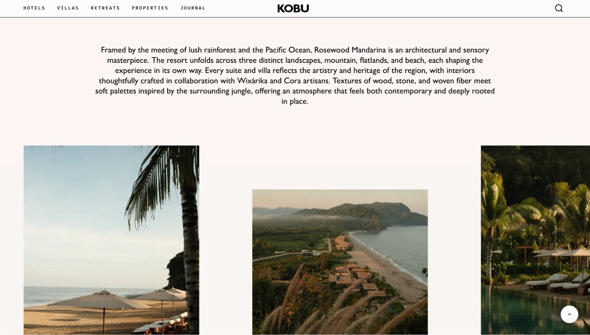 kobu property page with serif body text about rosewood mandarina resort and grid of landscape photography
