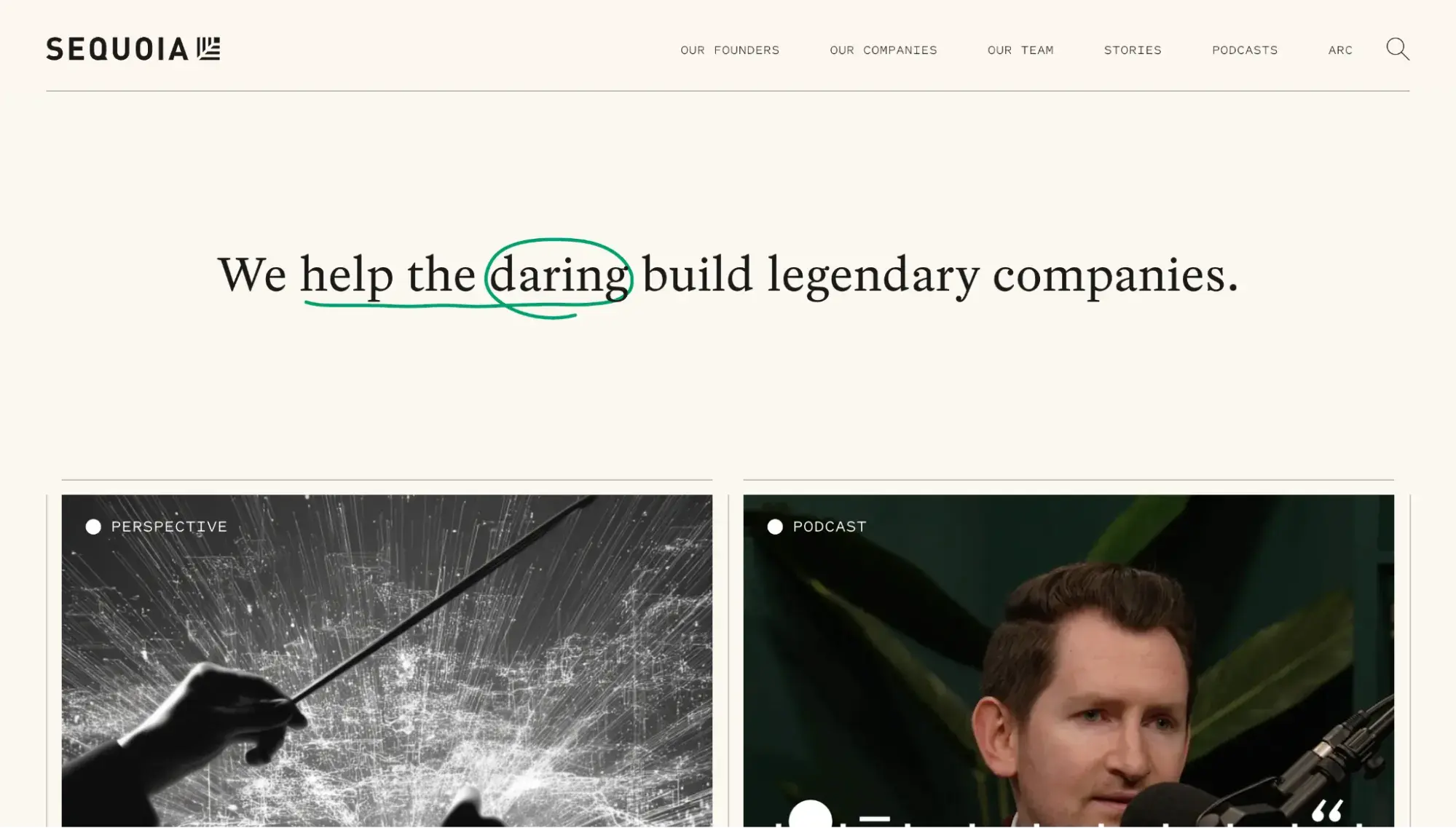 simple website examples from sequoia capital homepage with we help the daring build legendary companies headline on beige background
