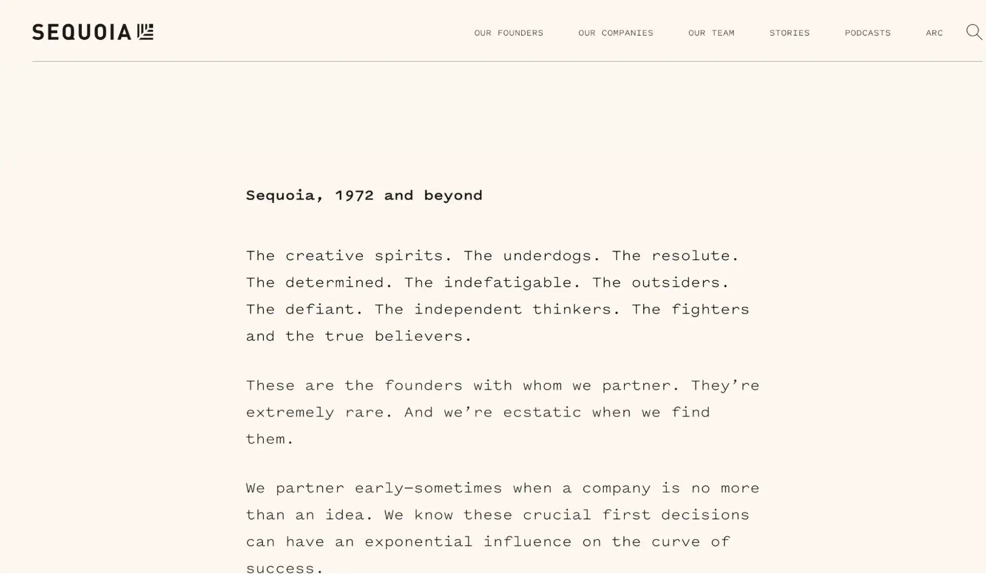 sequoia capital our ethos page with cream background, monospaced serif typography, and single-column declarative paragraphs