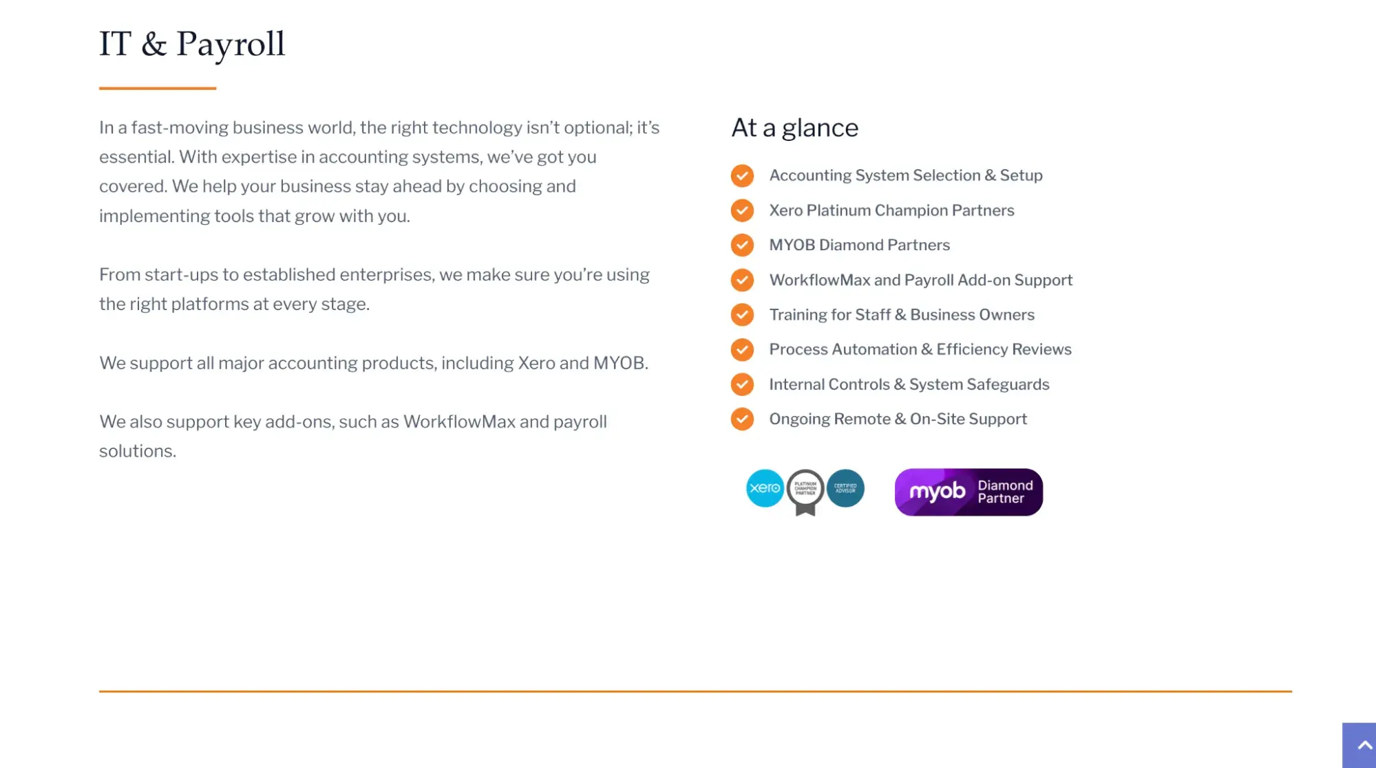 ainger tomlin it and payroll services page with two-column layout, orange checkmarks, and myob partner logo