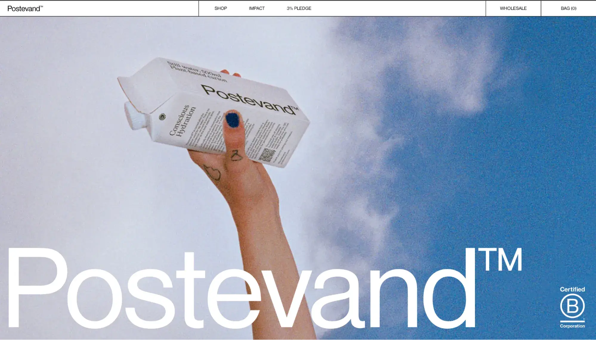 simple website design from postevand homepage with hand holding white carton against blue sky and b corp certification badge