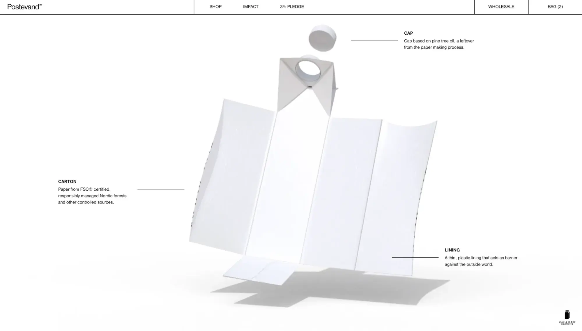 postevand 3d packaging showcase with thin line labels highlighting sustainable materials