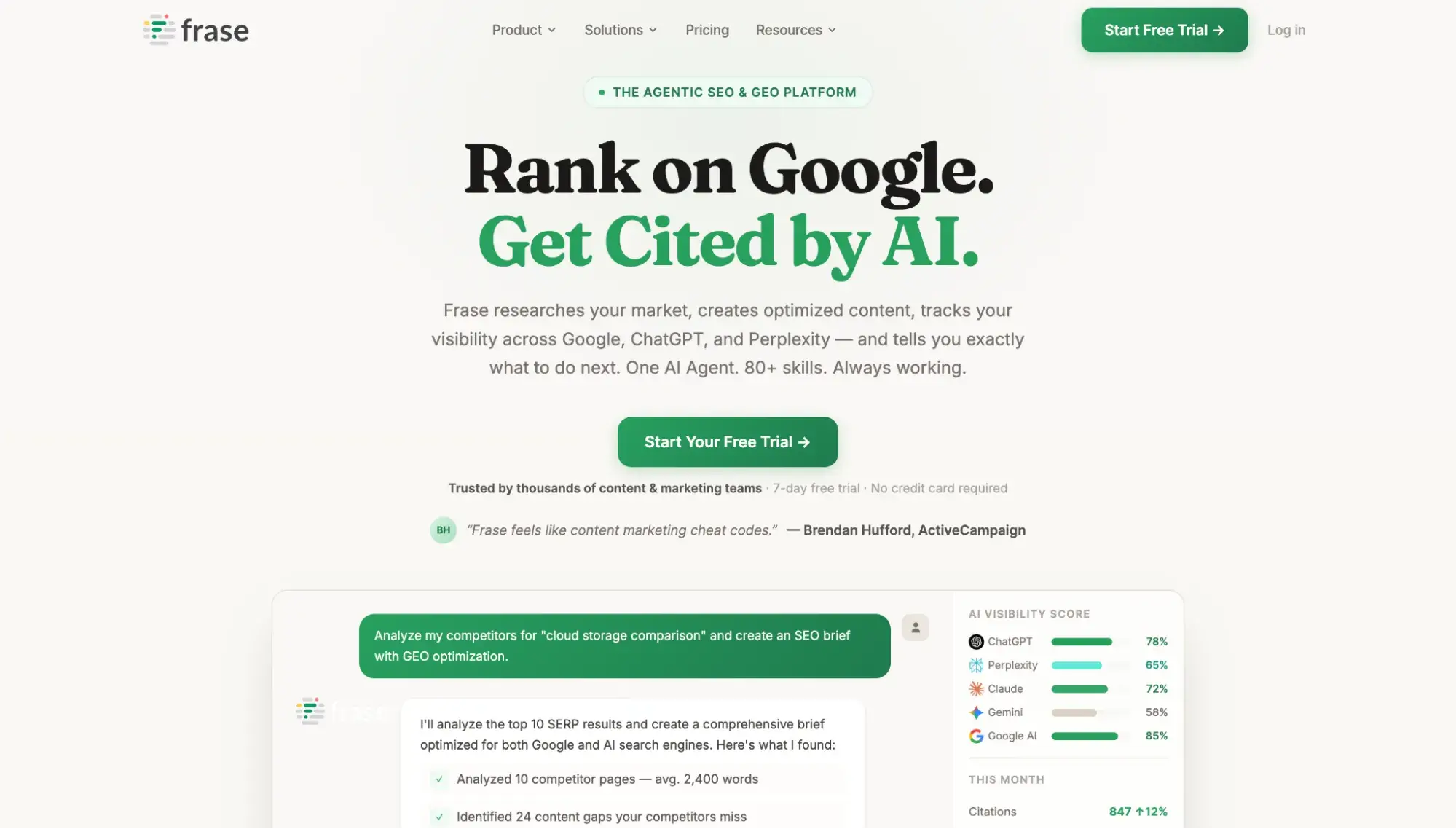 simple website examples from frase seo tool homepage with rank on google get cited by ai headline and green cta buttons