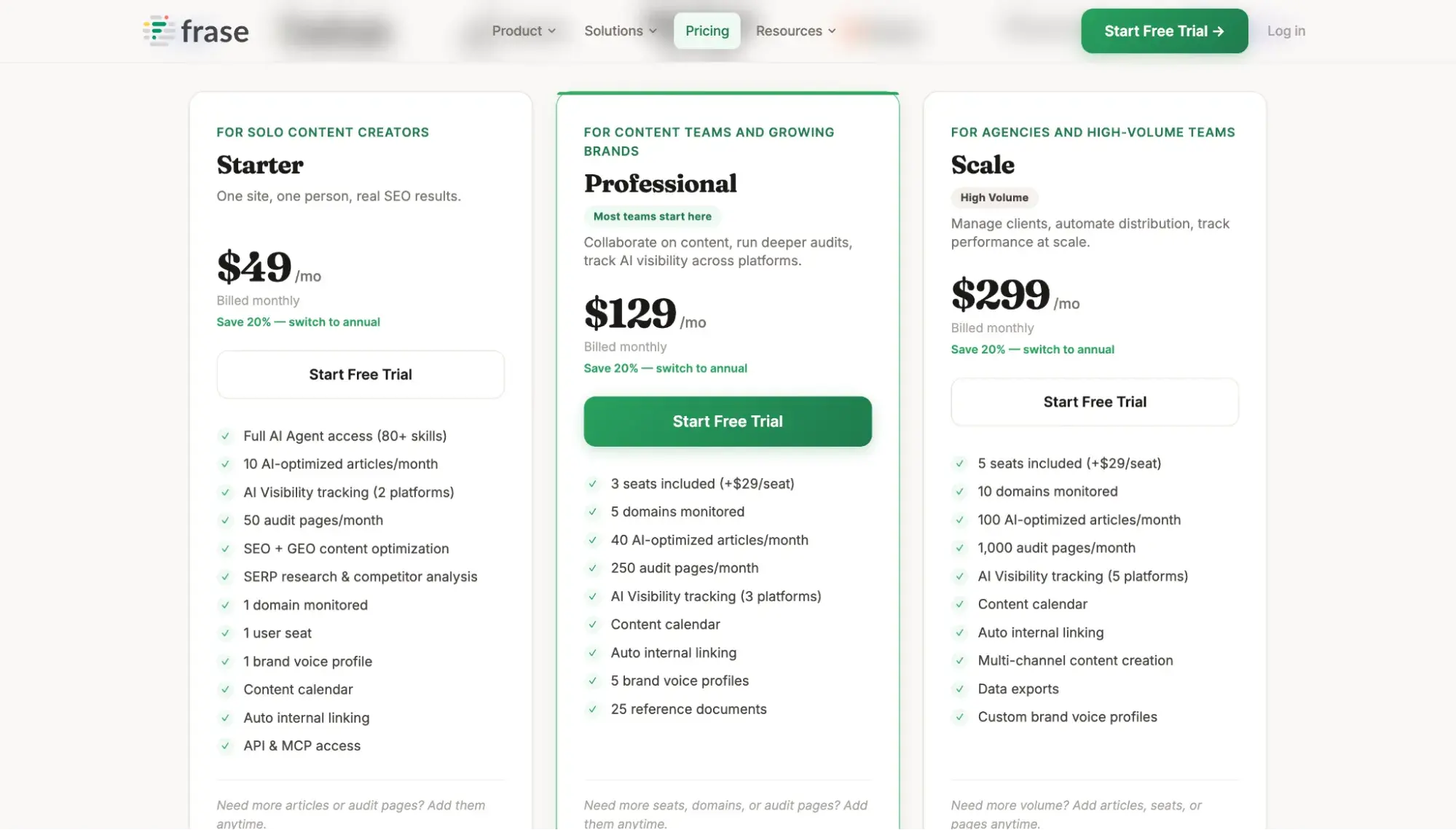 frase pricing page with three-column plan comparison showing starter, professional, and scale tiers with green cta buttons