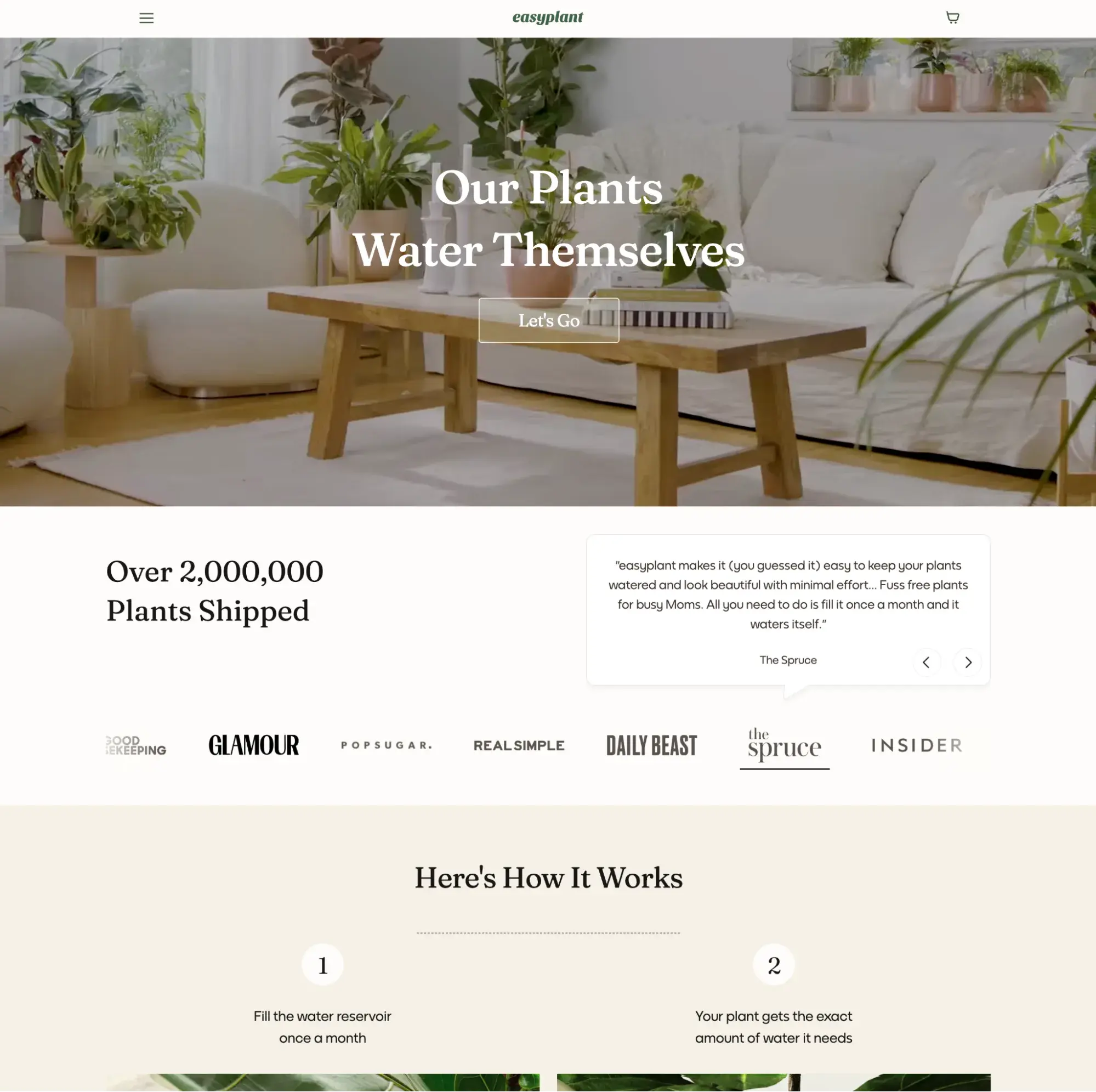 simple website examples from easyplant homepage with our plants water themselves headline and indoor plant lifestyle imagery