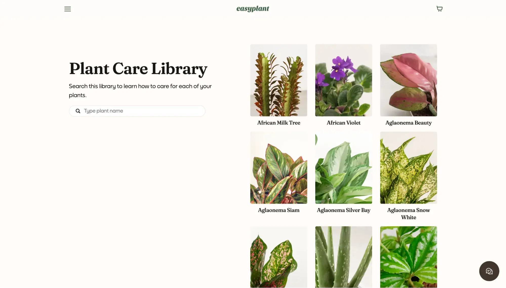 easyplant plant care library page with searchable grid of plant image cards including african milk tree and african violet