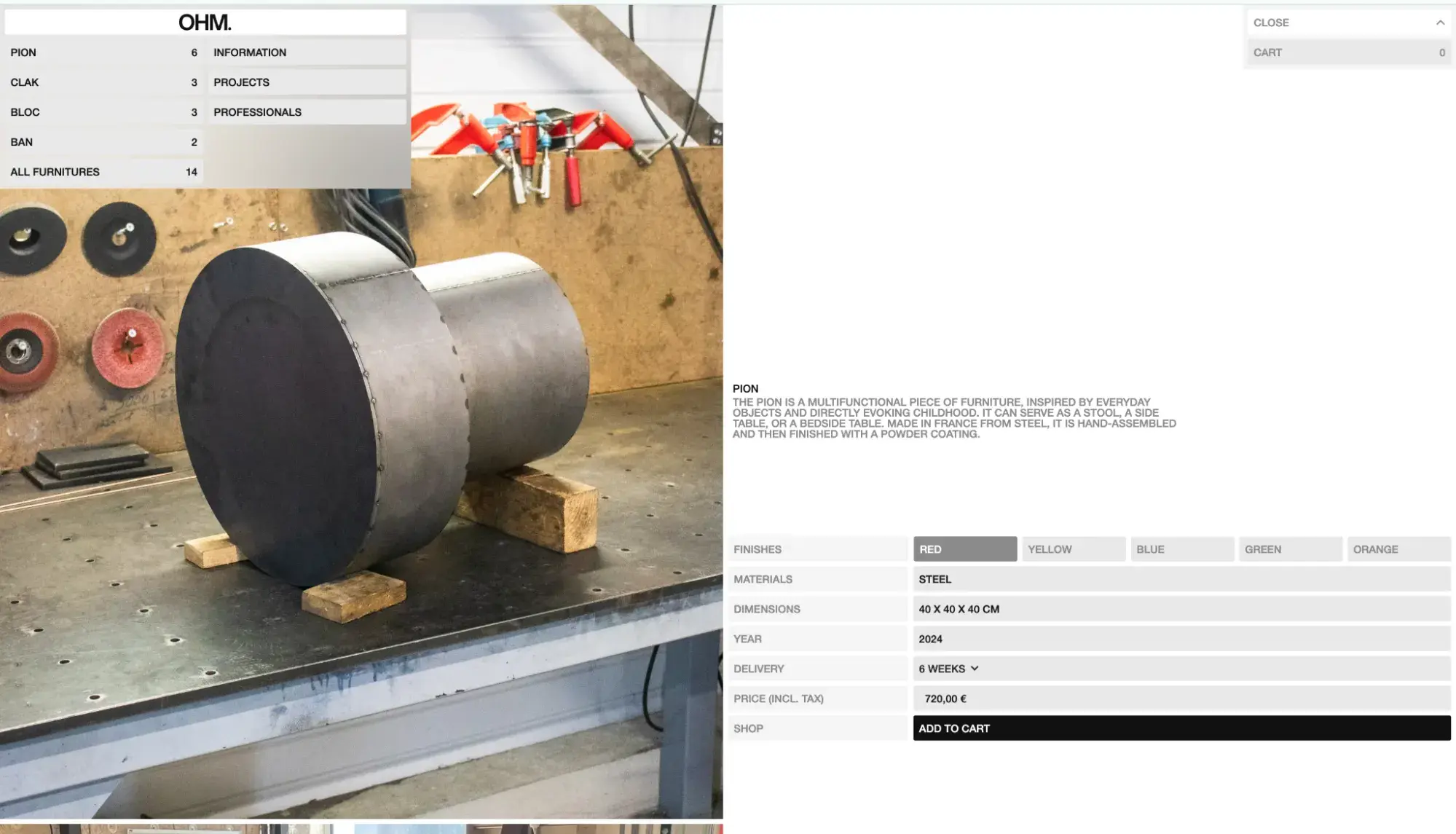 ohm studio product page with workshop photography of cylindrical metal piece and right-aligned specifications table