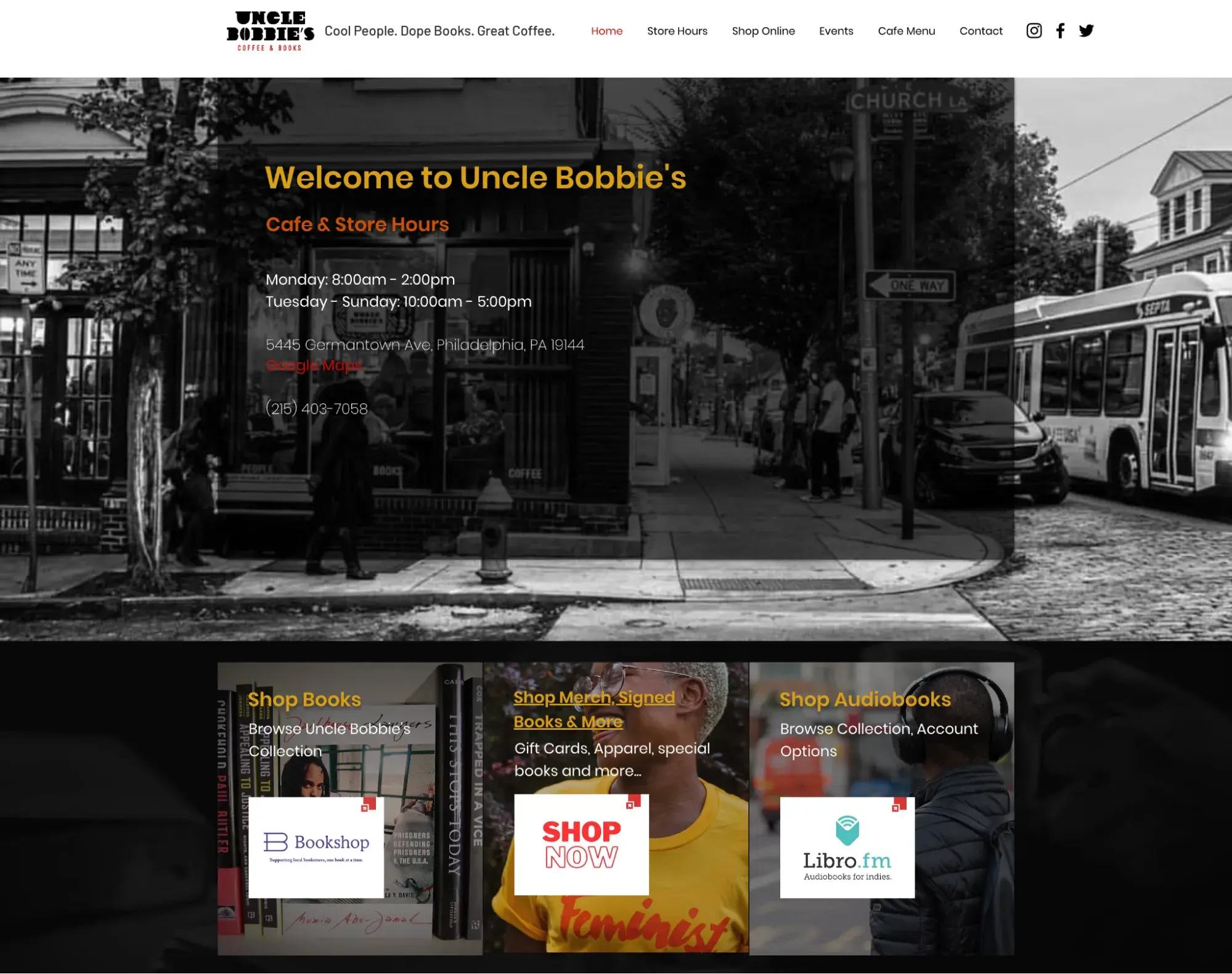 simple website design from uncle bobbie��s bookstore with black-and-white storefront photo, golden text, and three shopping category cards