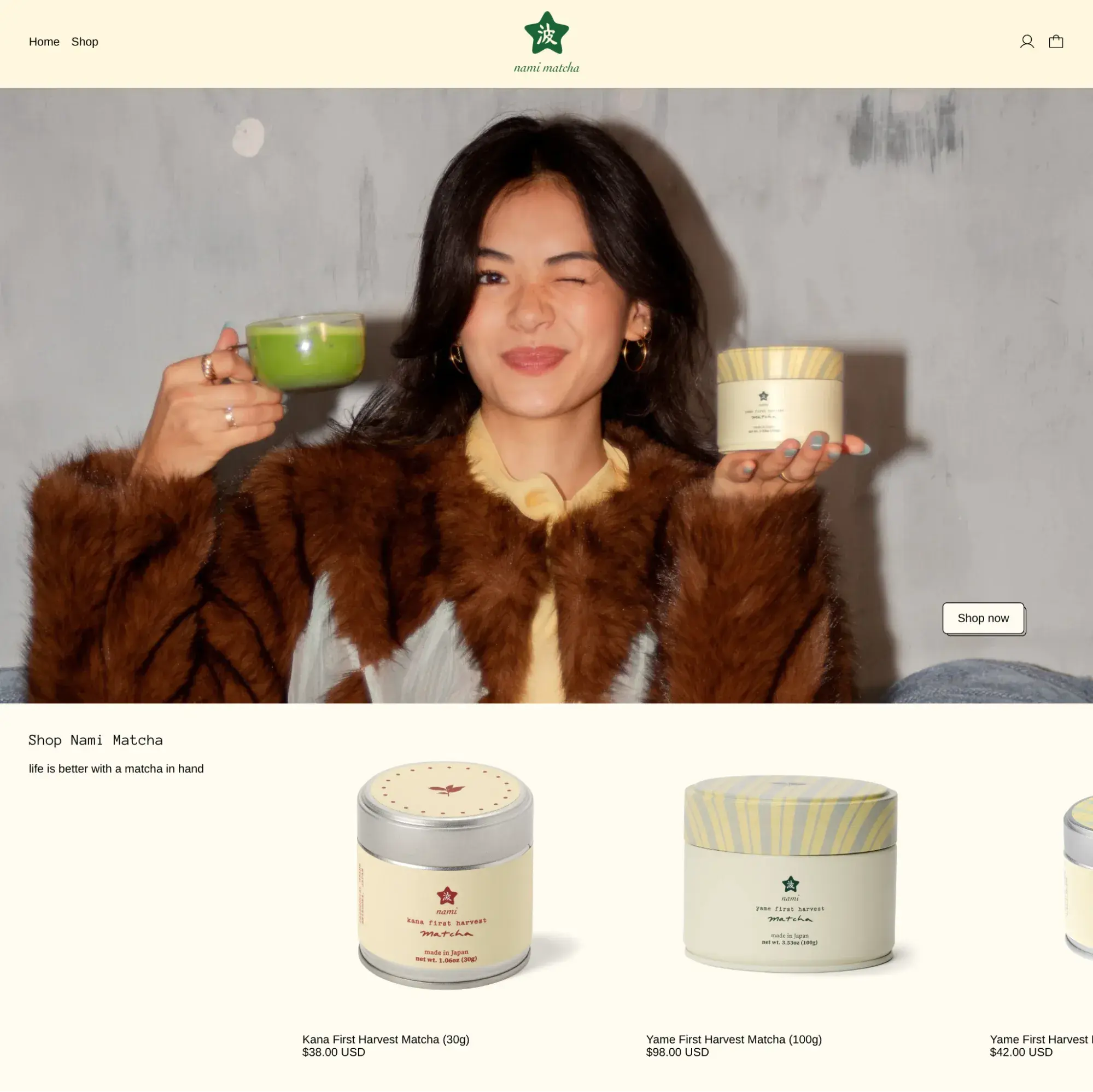 simple website examples from nami matcha with lifestyle hero of woman holding matcha cup and product cards in cream-and-green palette