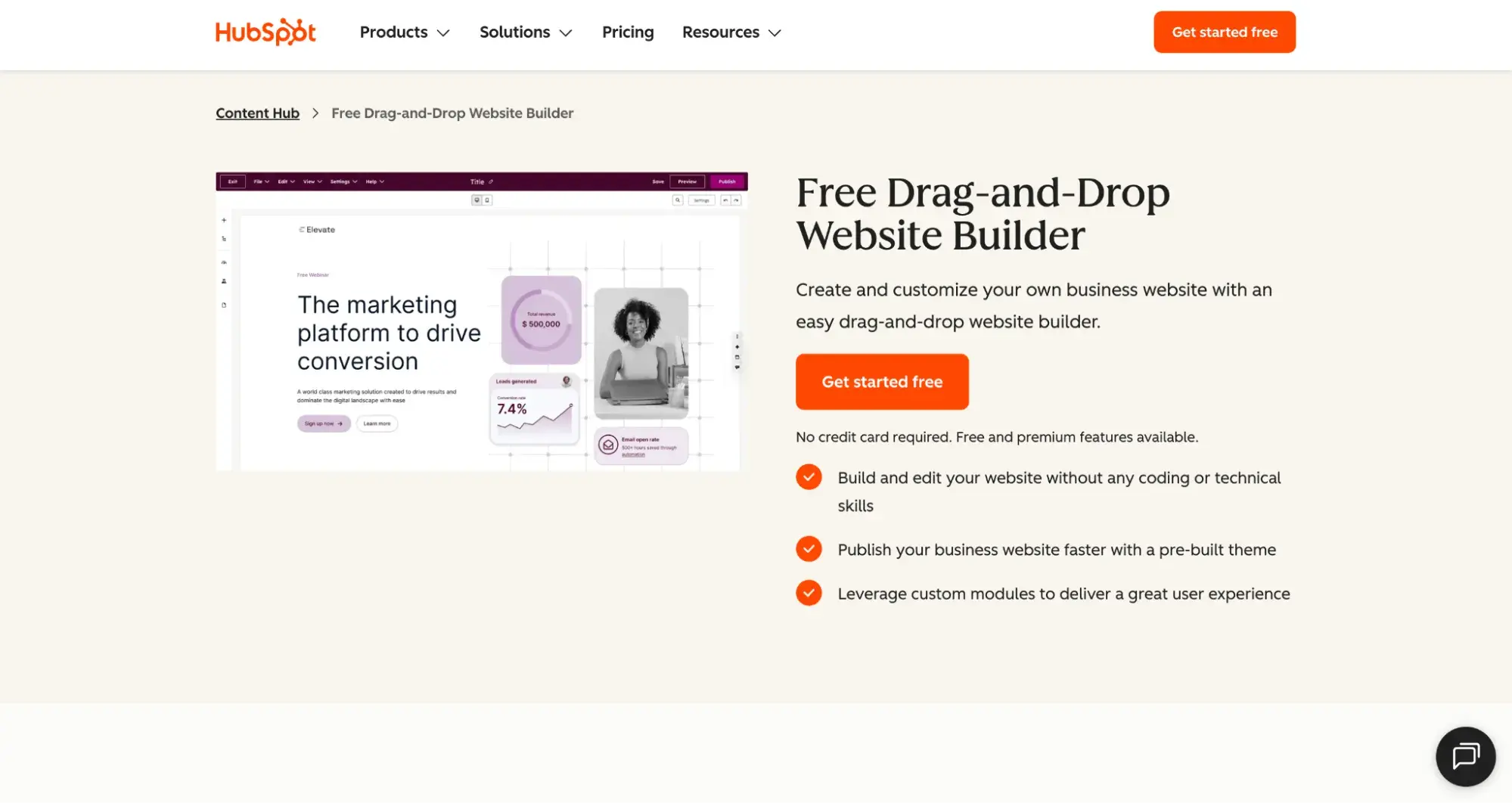 hubspot content hub free drag-and-drop website builder landing page with dashboard mockup and orange get started free button