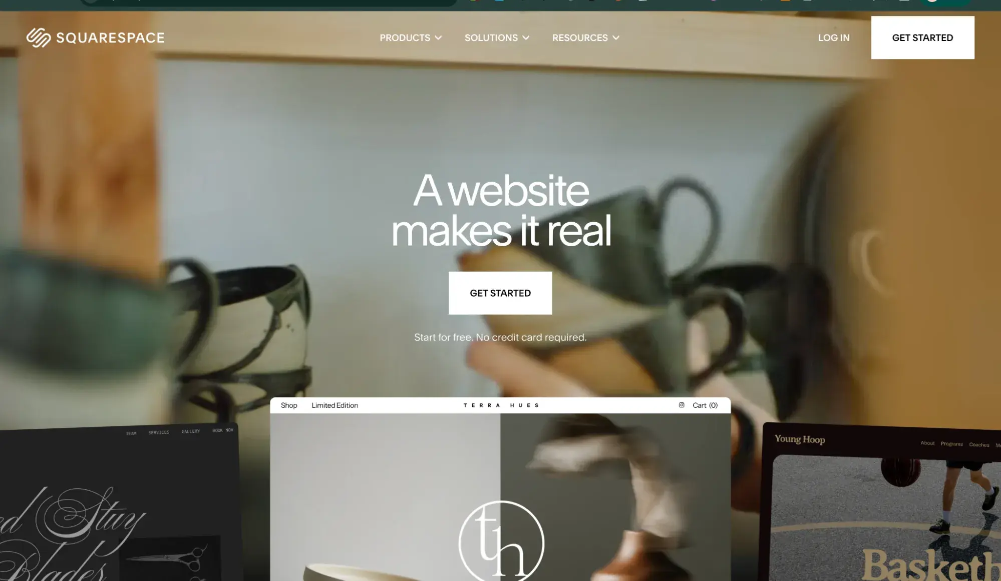 squarespace landing page with ��a website makes it real�� headline over sophisticated home furnishings background image