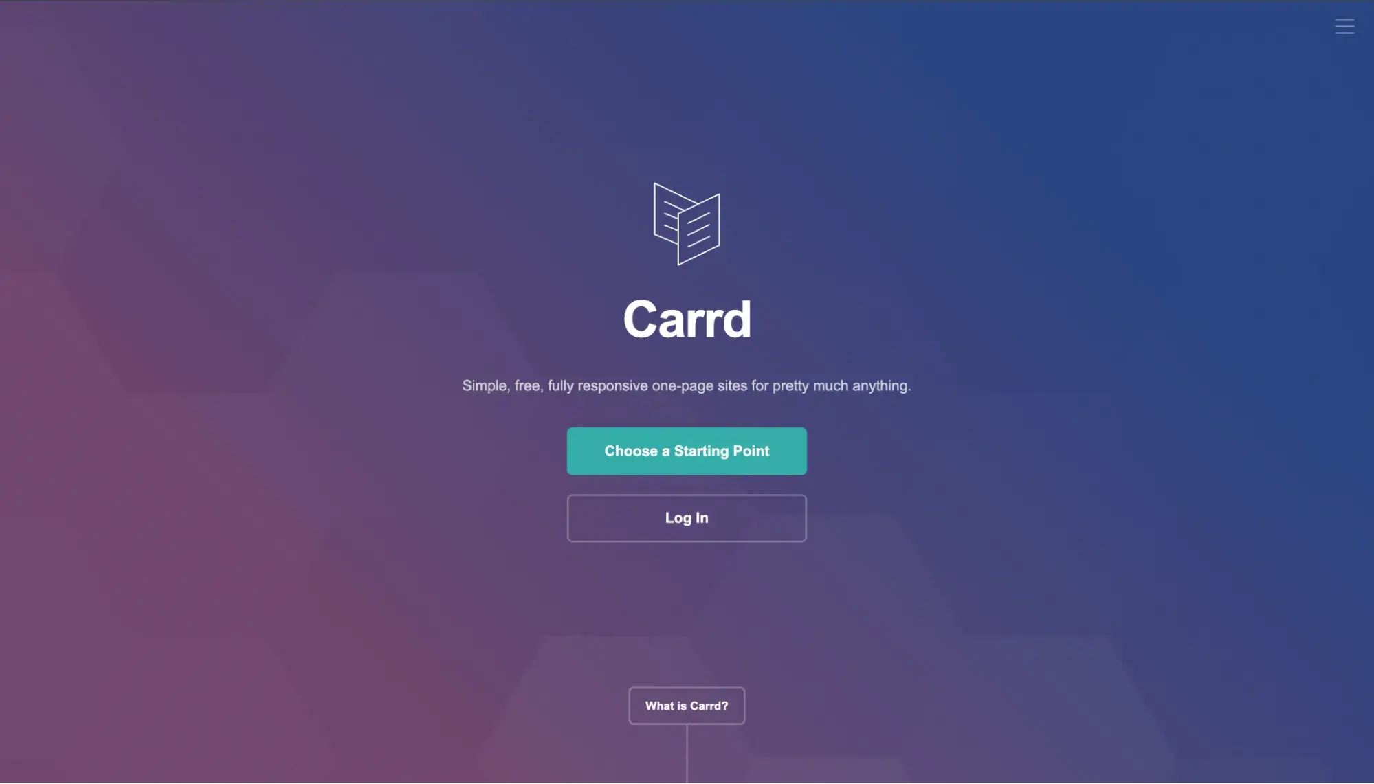 carrd landing page with purple-to-blue gradient background and simple free fully responsive one-page sites tagline