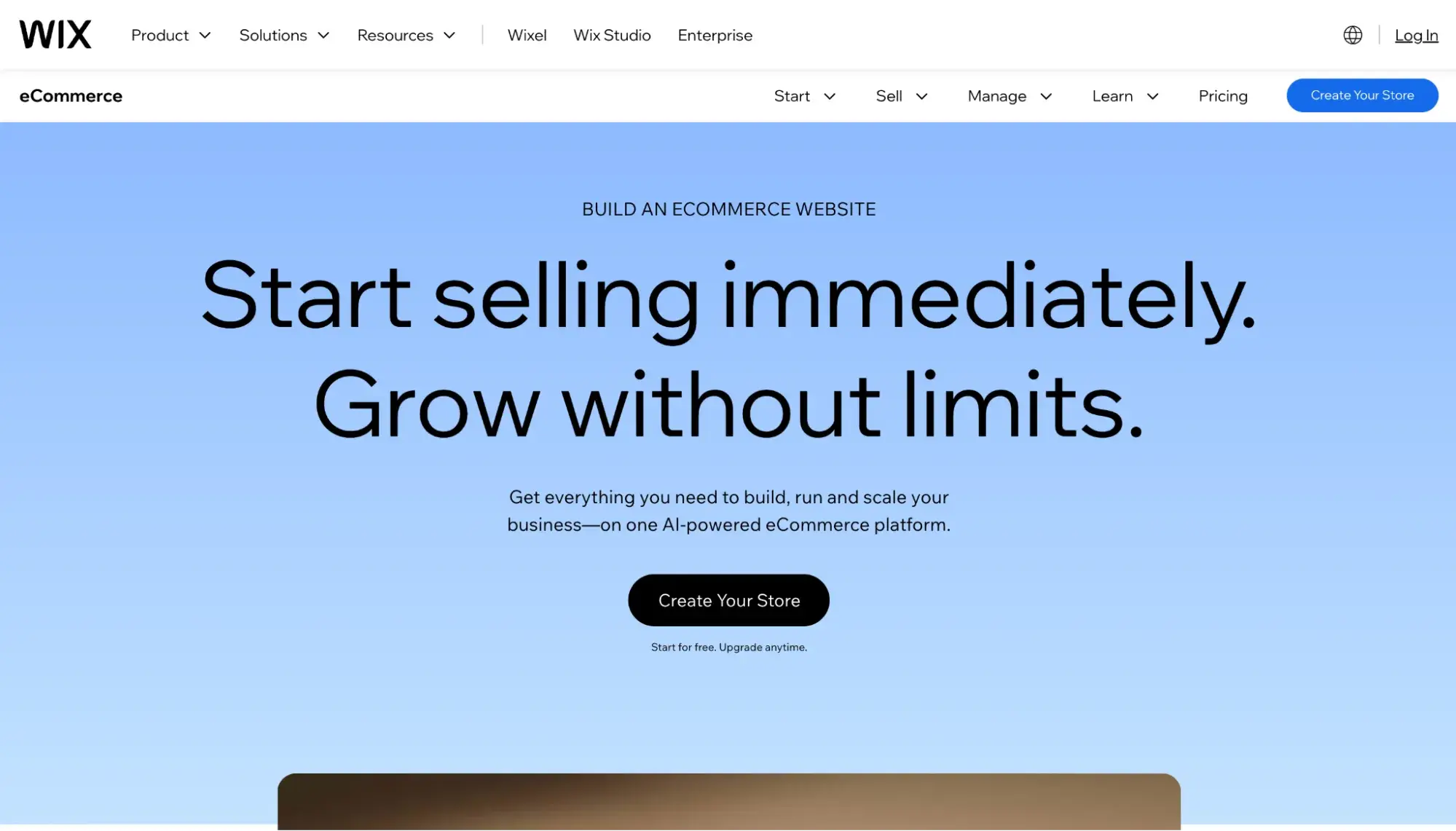 wix ecommerce landing page with blue background, start selling immediately headline, and dark create your store button