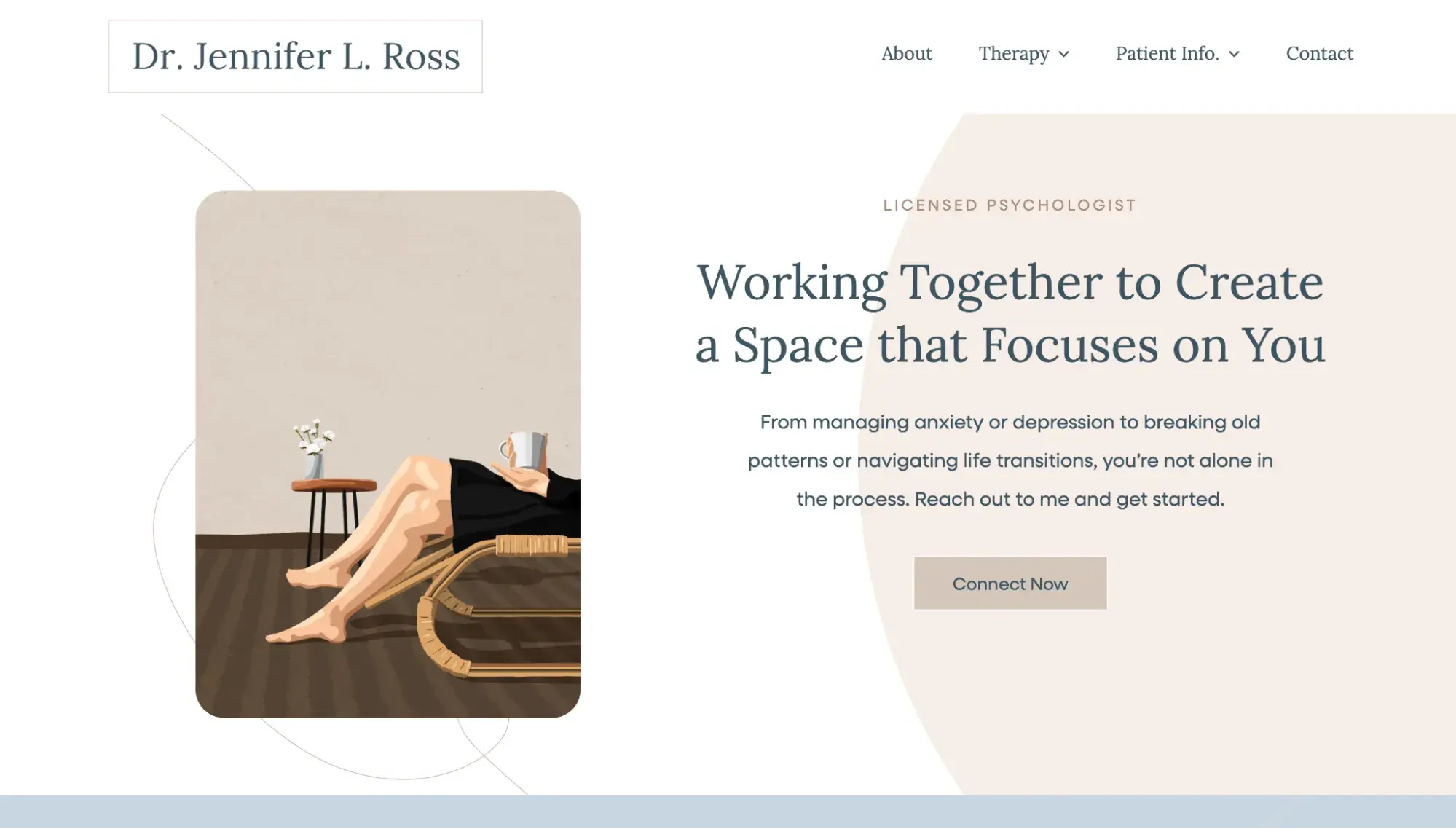 simple website examples from dr. jennifer ross therapist site with rounded image and connect now button