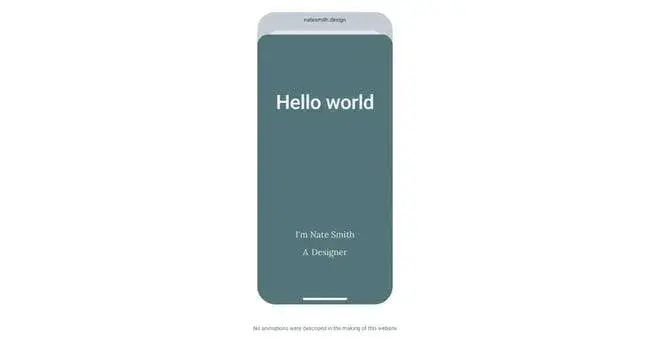 simple website examples from nate smith portfolio with hello world headline on teal background and mobile card layout