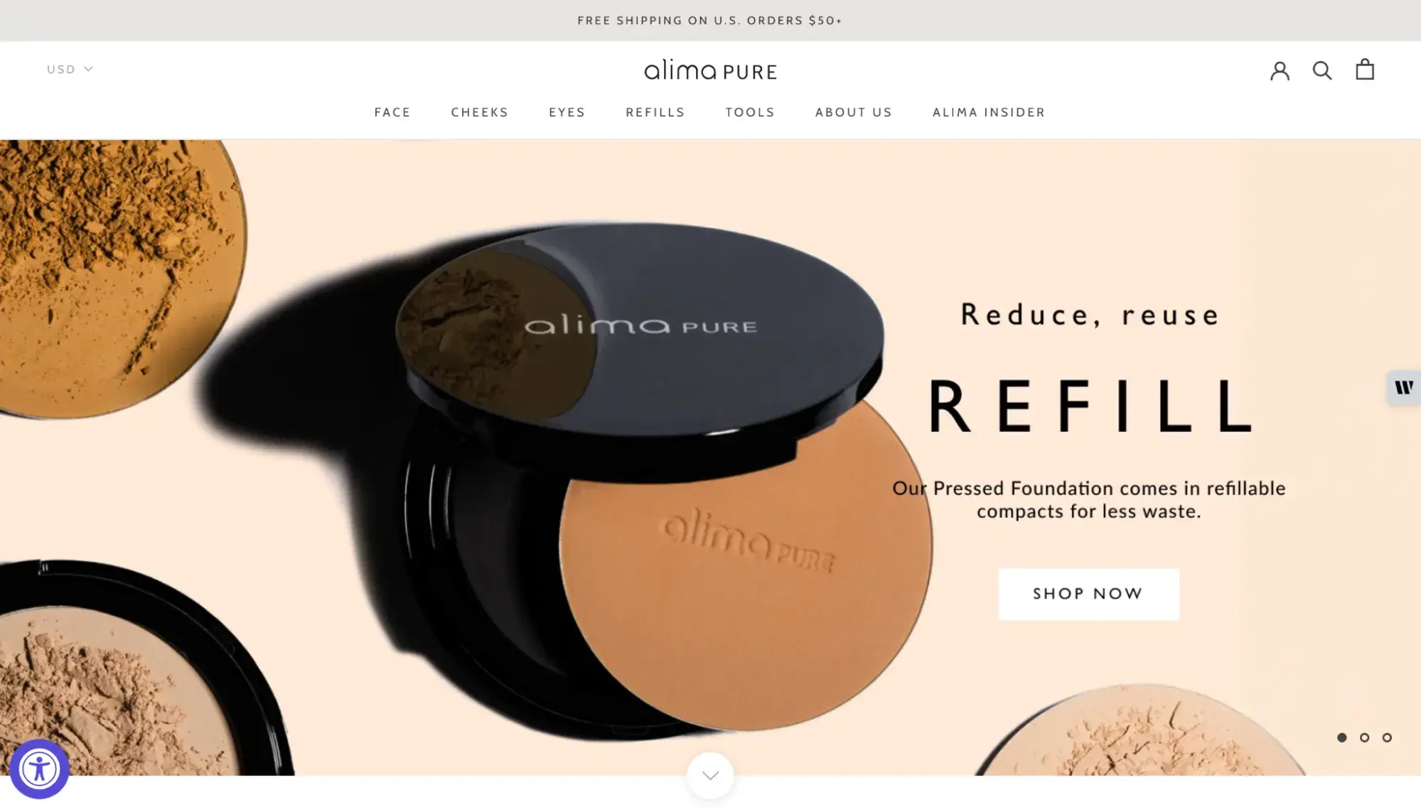 simple website examples from alima pure ecommerce homepage with pressed foundation products and reduce reuse refill headline