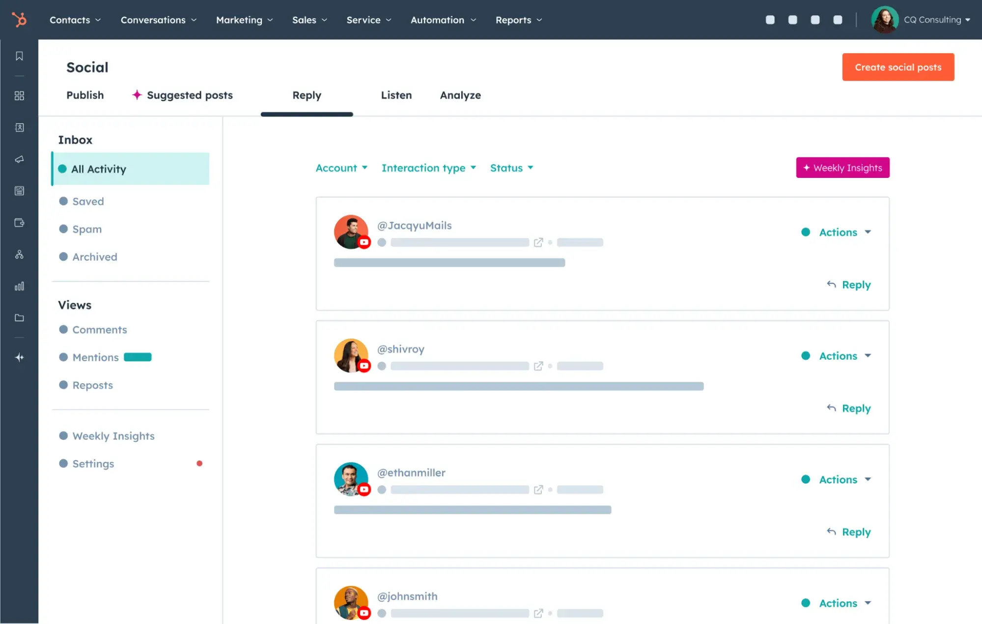 dashboard of hubspots social media inbox
