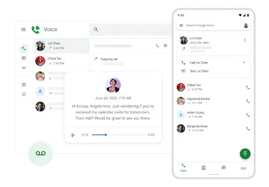 Google Voice business communication interface showing desktop and mobile views with call history and voicemail transcription, sms for customer service