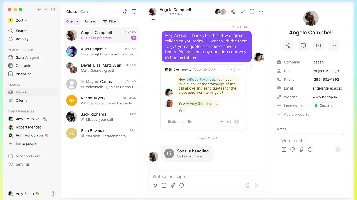 quo workspace interface showing AI agent interaction and team internal comments within a customer chat thread, sms for customer service