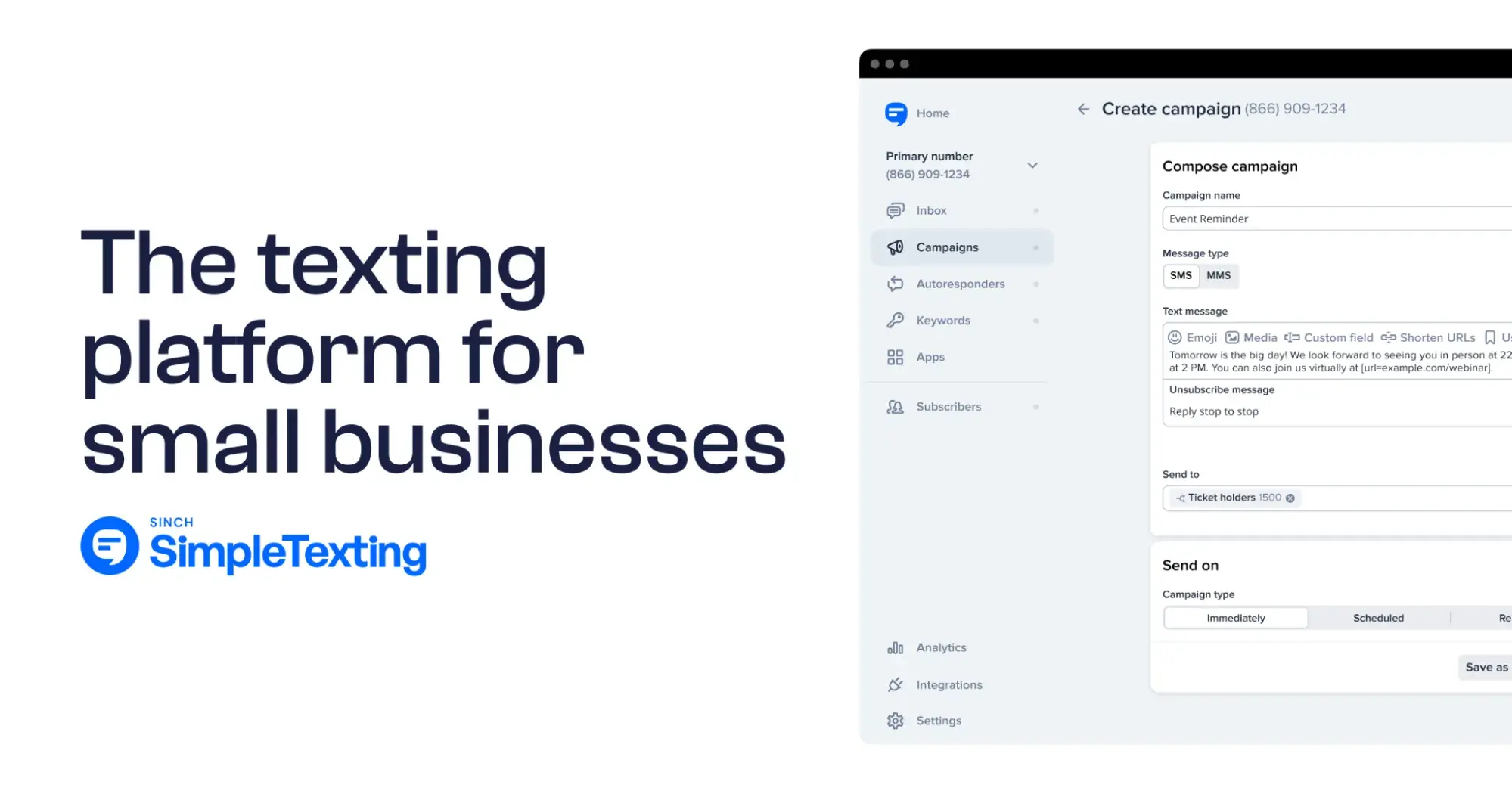 simpletexting texting platform marketing image and platform interface screenshot, sms for customer service
