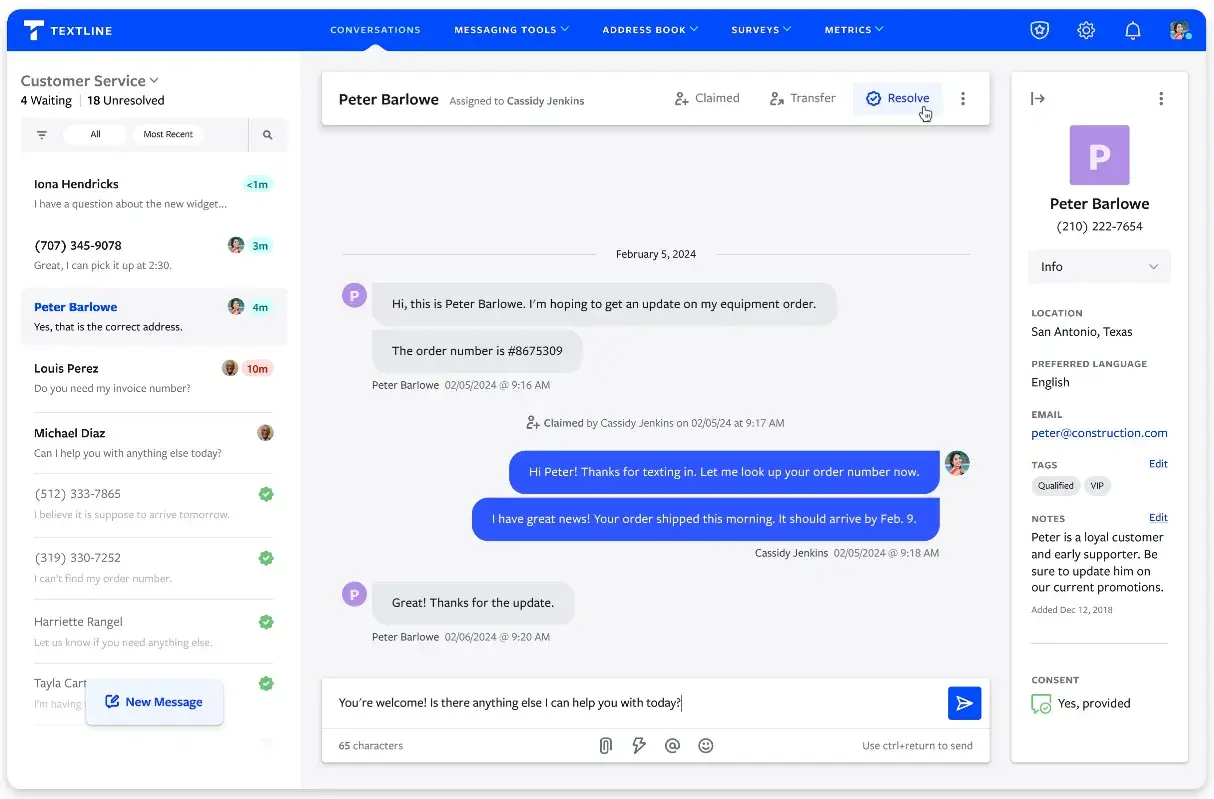 textline business messaging platform interface screenshot showing an active customer service conversation, sms for customer service