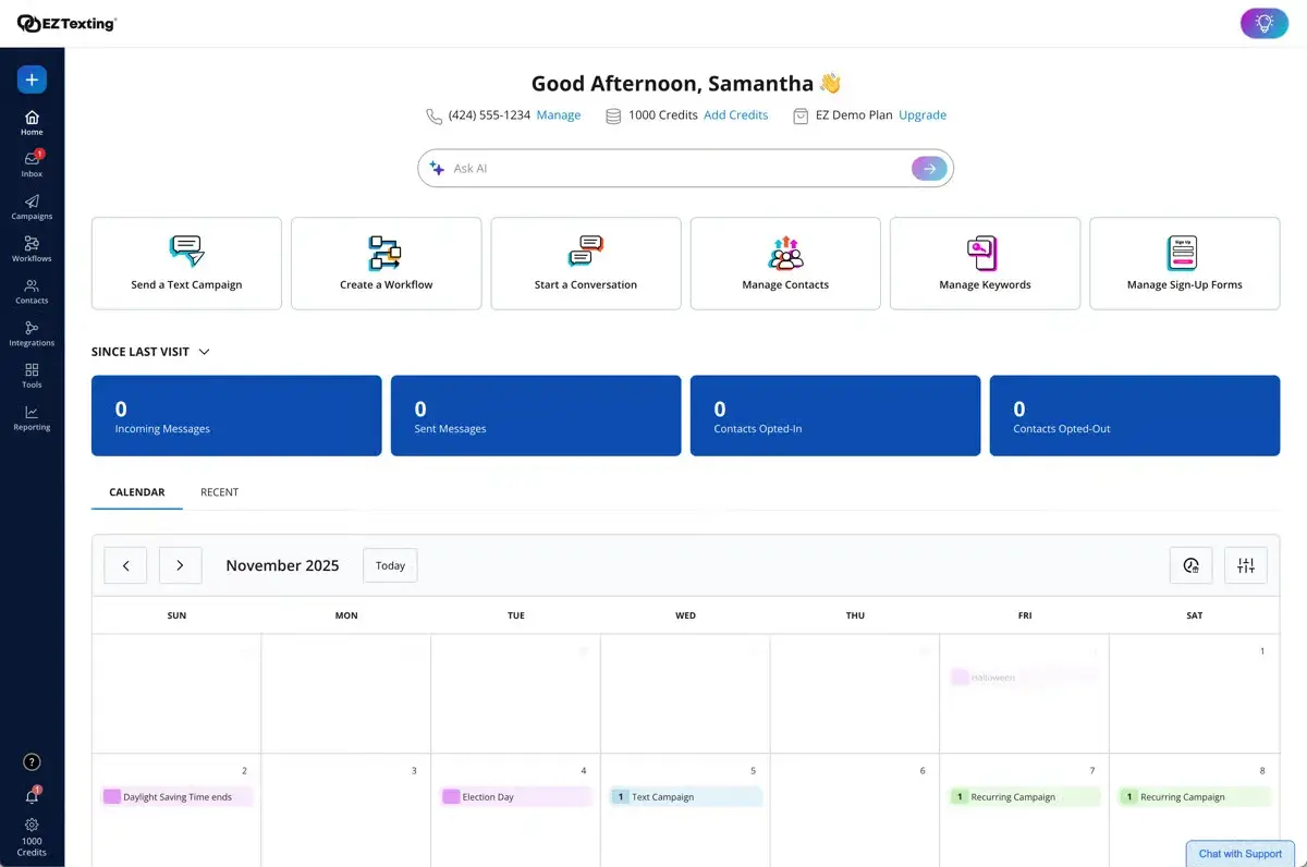 ez texting dashboard interface showing campaign management and scheduling calendar, sms for customer service