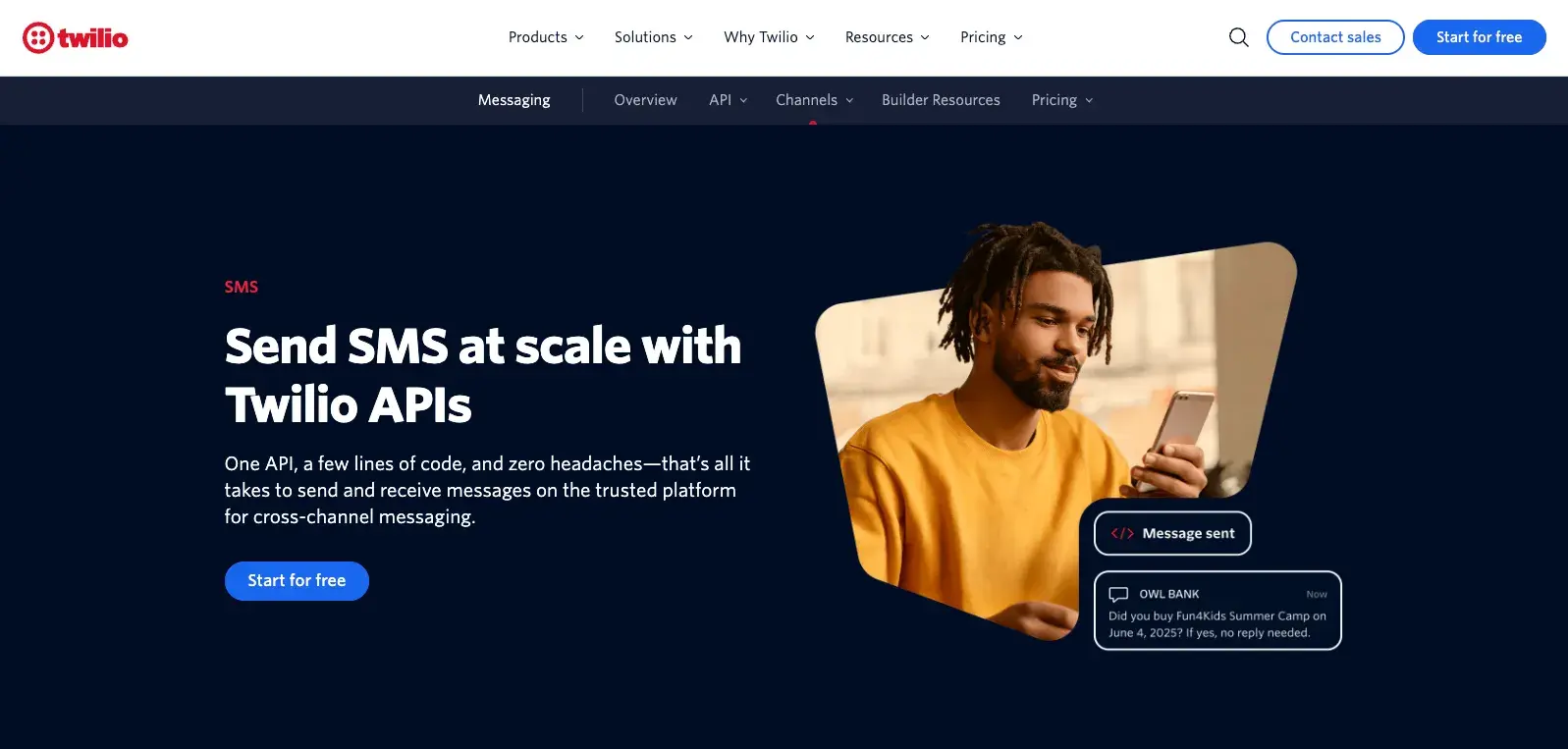 Twilio homepage for sending sms at scale with APIs and developer tools, sms for customer service