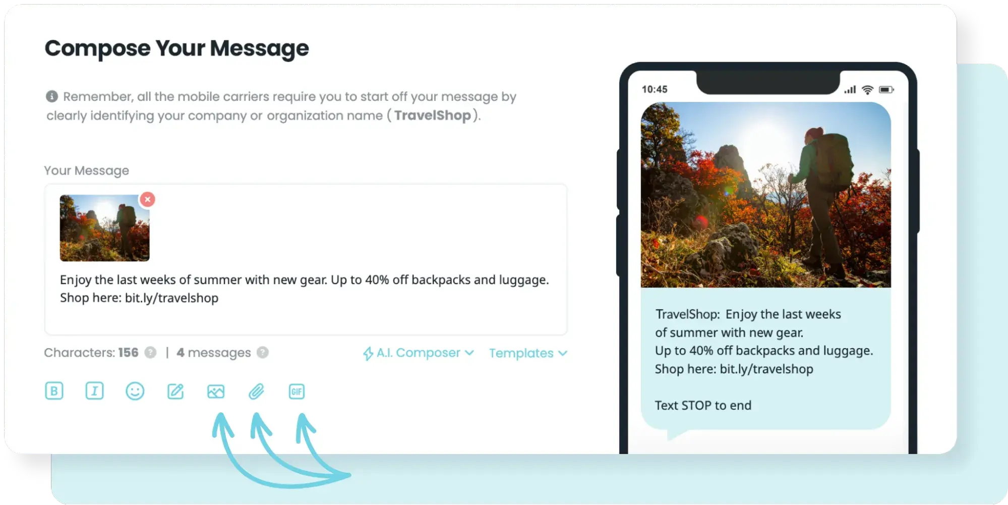 textedly interface for composing an mms campaign with an AI composer and message preview, sms for customer service
