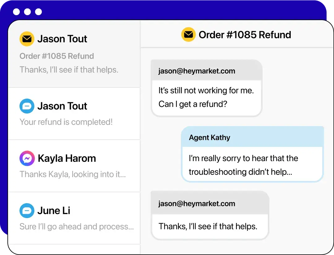 heymarket sms platform interface showing a customer service chat for an order refund, sms for customer service