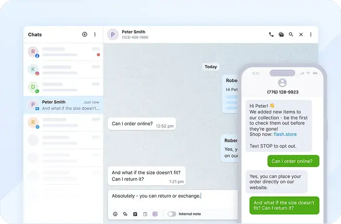 textmagic all-in-one business texting solution interface showing customer chat history and mobile message preview, sms for customer service