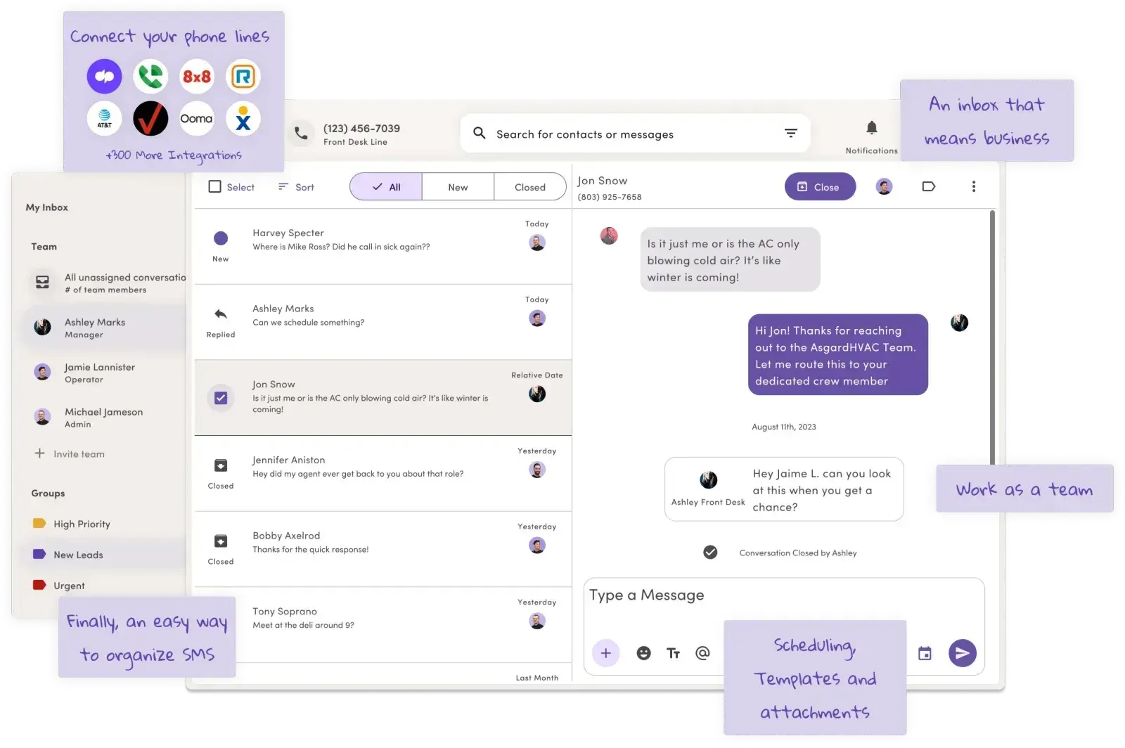 messagedesk sms inbox for business texting interface showing team collaboration and message organization, sms for customer service