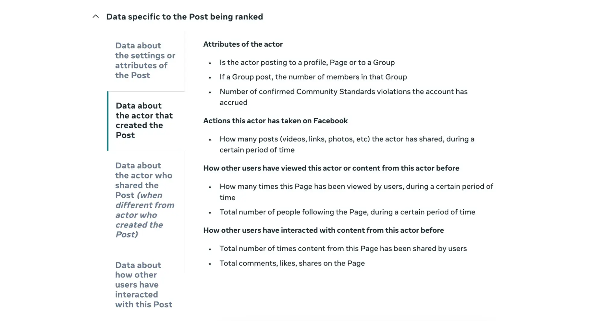 screenshot of metas content ranking criteria including social media engagement