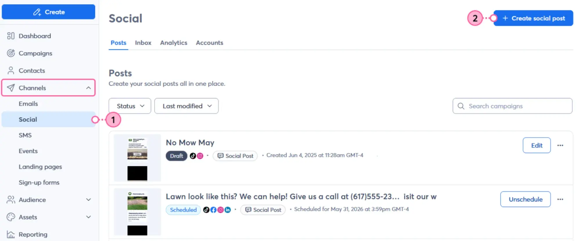 a screenshot of constant contact��s social media management tool