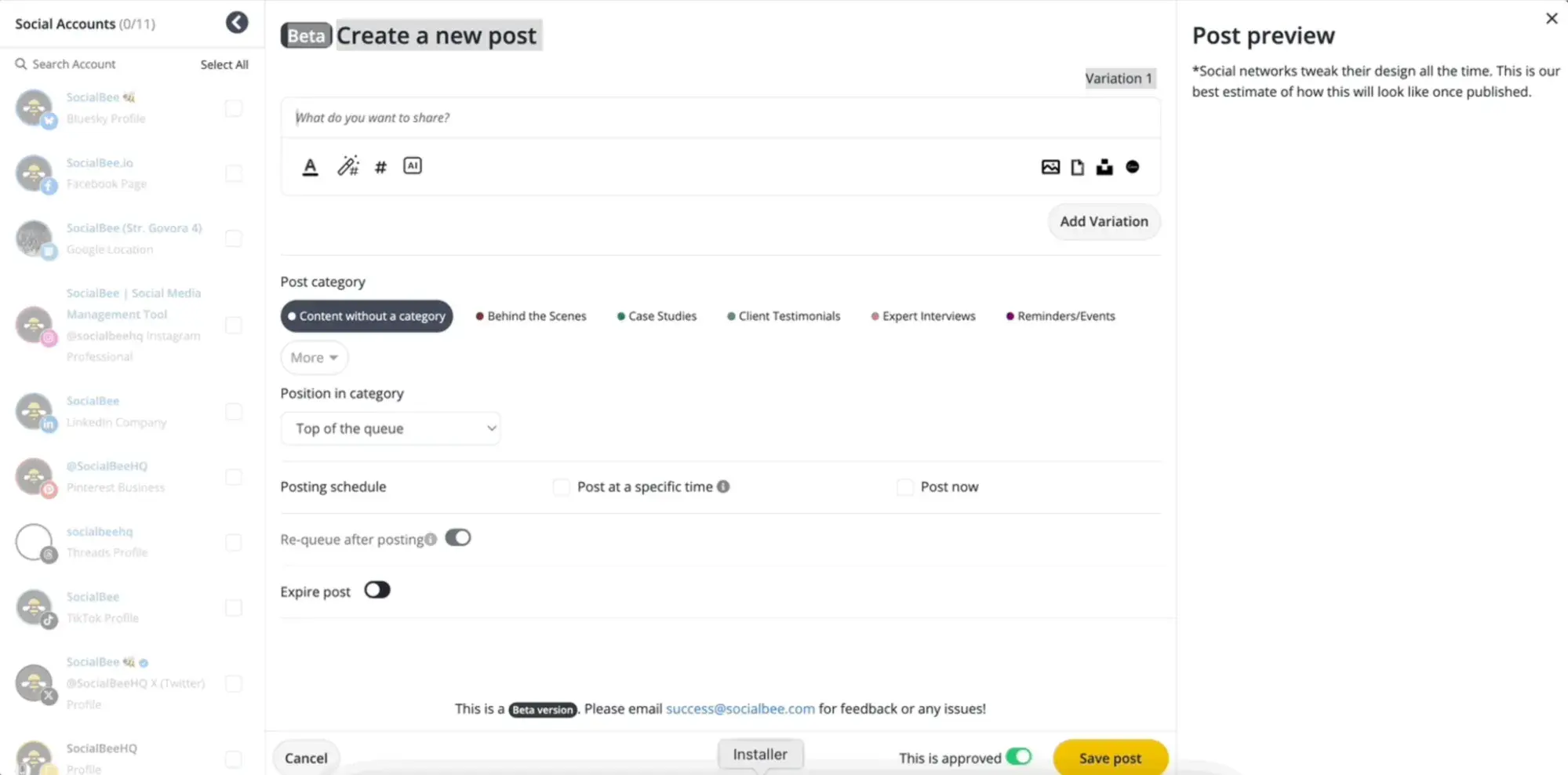 a screenshot of socialbee��s social media management tool