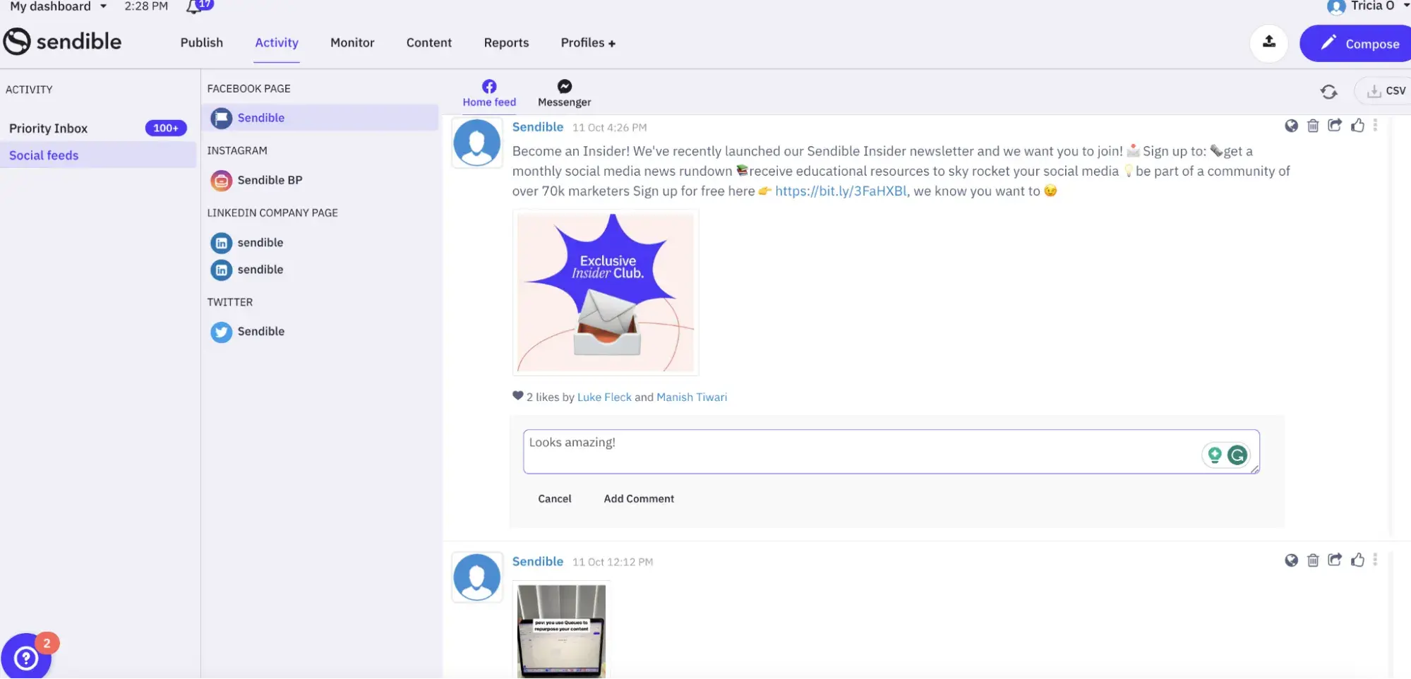 a screenshot of sendible��s social media management tool