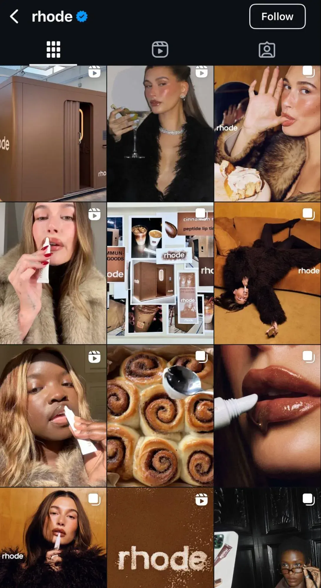 a screenshot of rhode skins instagram feed featuring UGC, branded content, and thumbnails of hailey bieber using rhode products