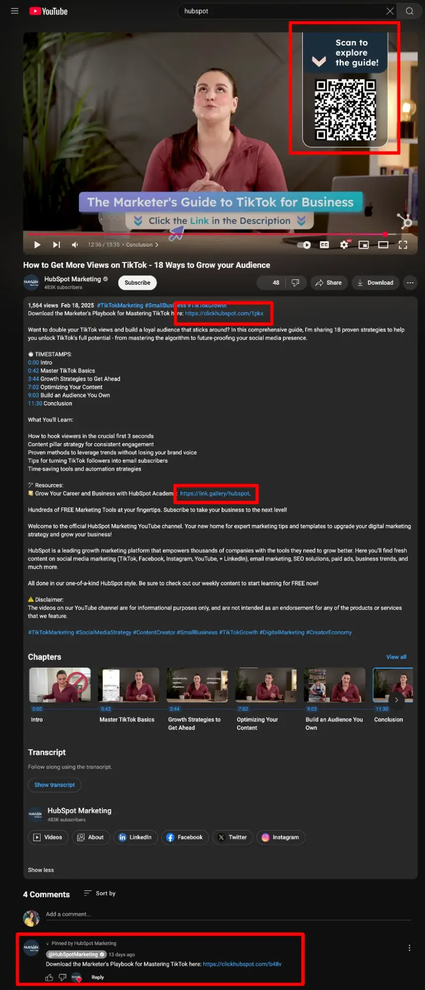 social media marketing report, screenshot showing different places you can put links on youtube