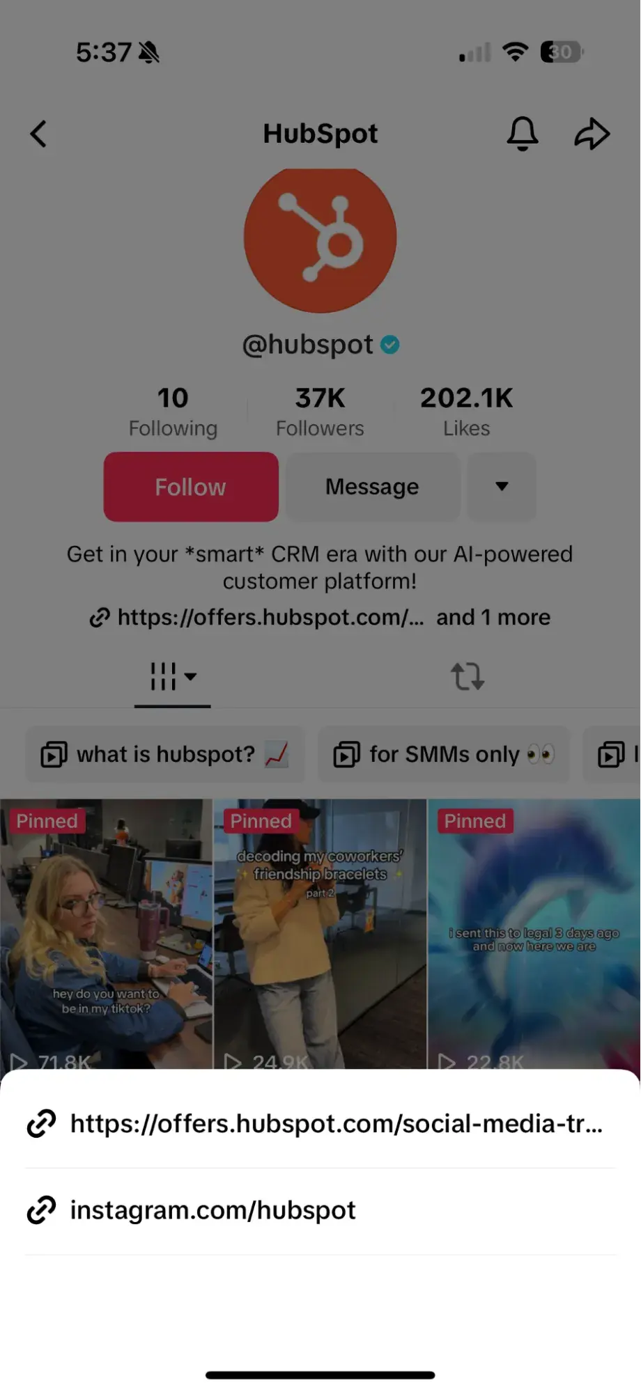 social media marketing report, screenshot showing different places you can put links on tiktok