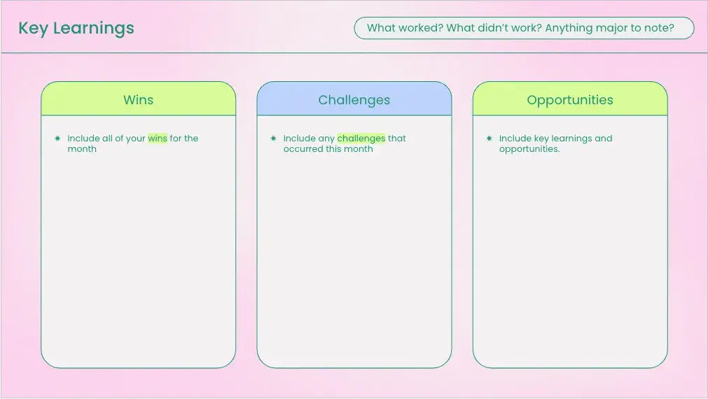 screenshot of the key learnings slide in laters social media report template