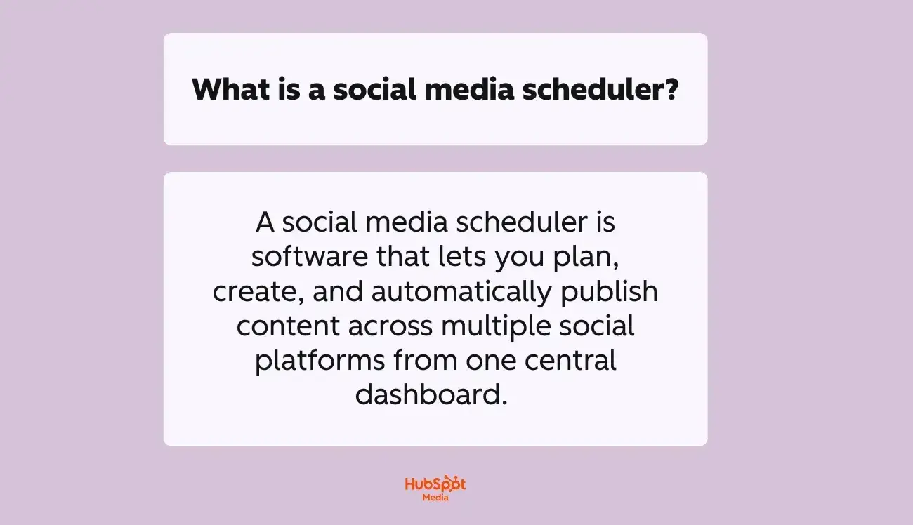 Definition of social media scheduler software displayed on light purple background with white text box